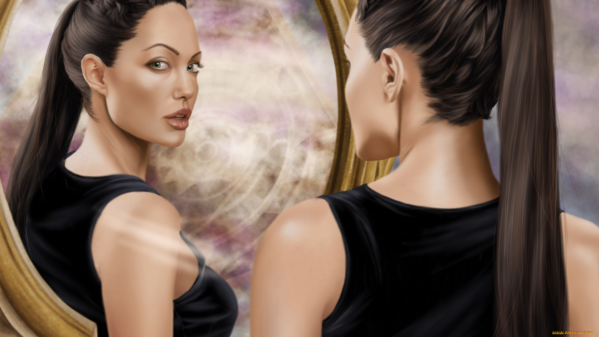 рисованное, кино, лицо, девушка, lara, croft, tomb, raider, angelina, jolie, арт, актриса, взгляд, зеркало