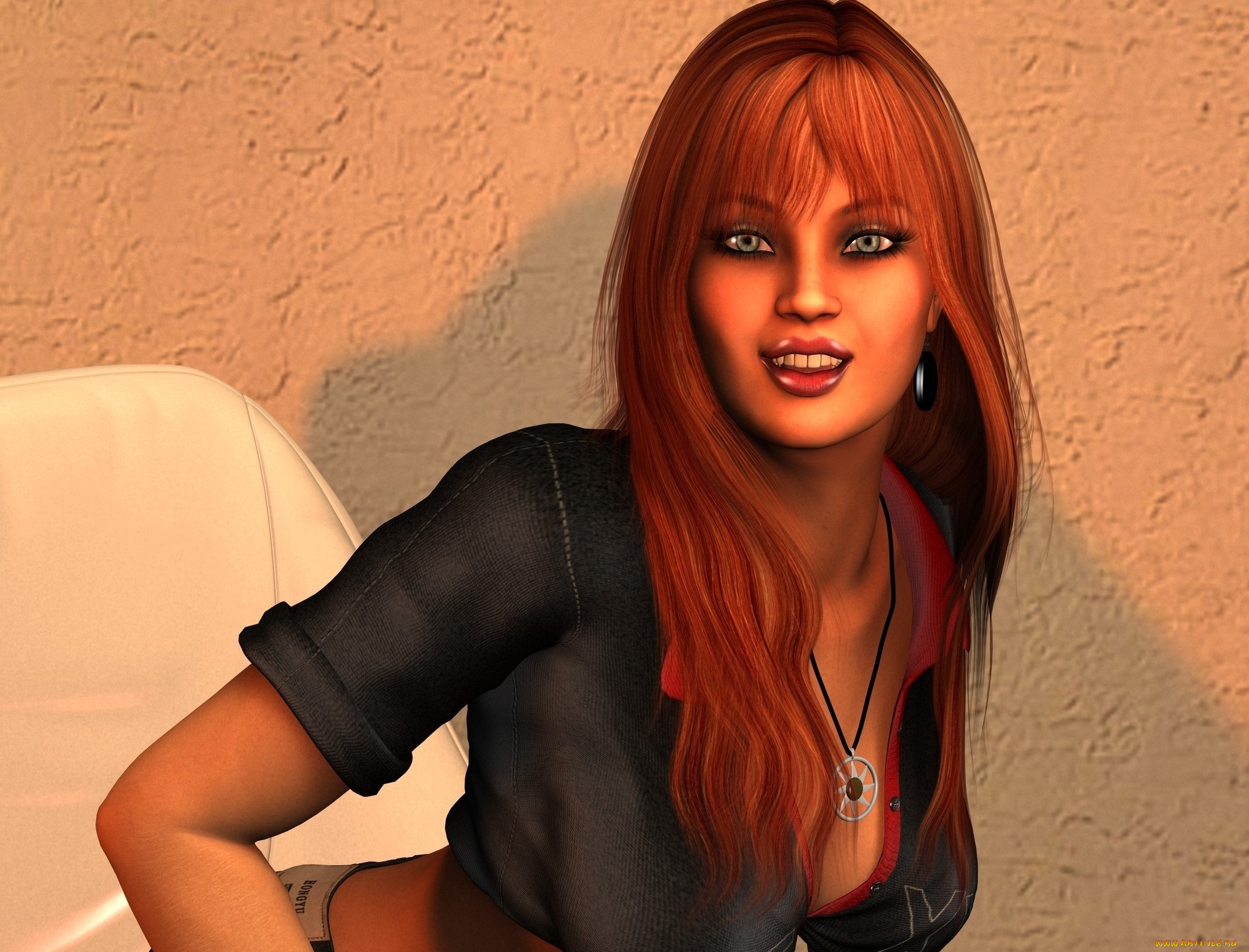 3д, графика, люди, , people, рыжая, фон, взгляд, девушка