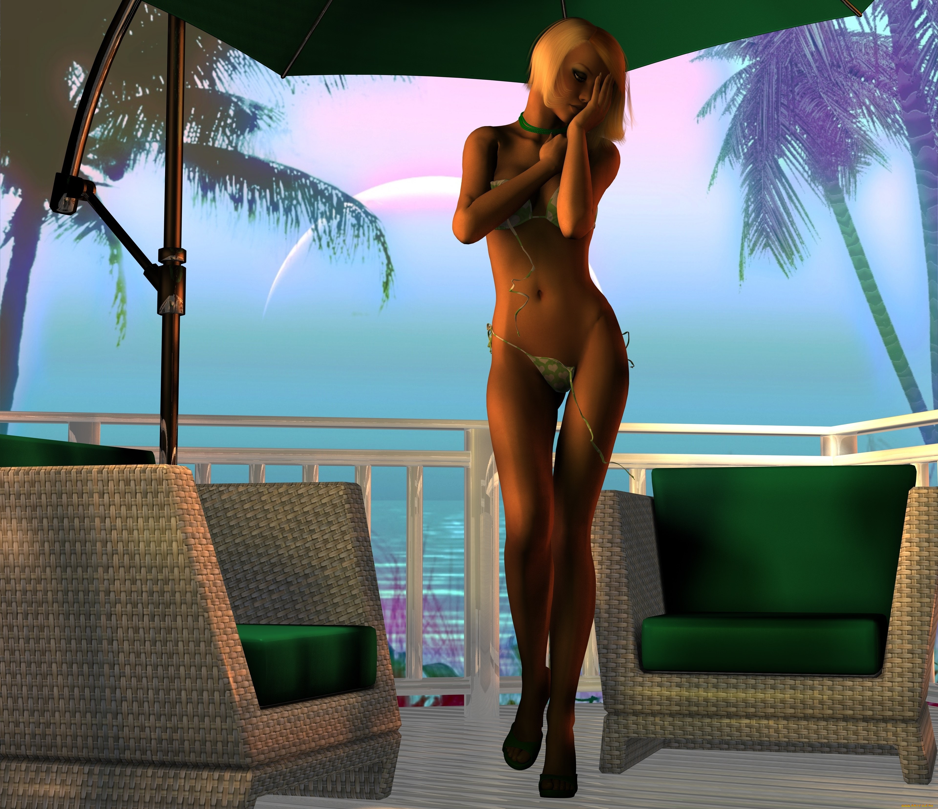 3д, графика, люди, , people, кресла, море, пальмы, фон, взгляд, девушка