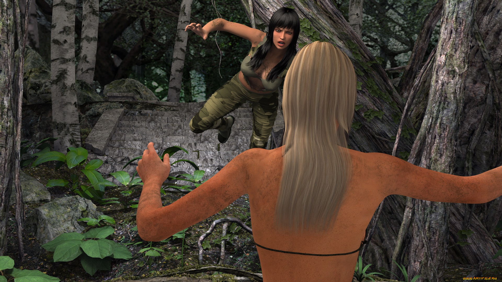 3д, графика, фантазия, , fantasy, лес, фон, девушки, взгляд