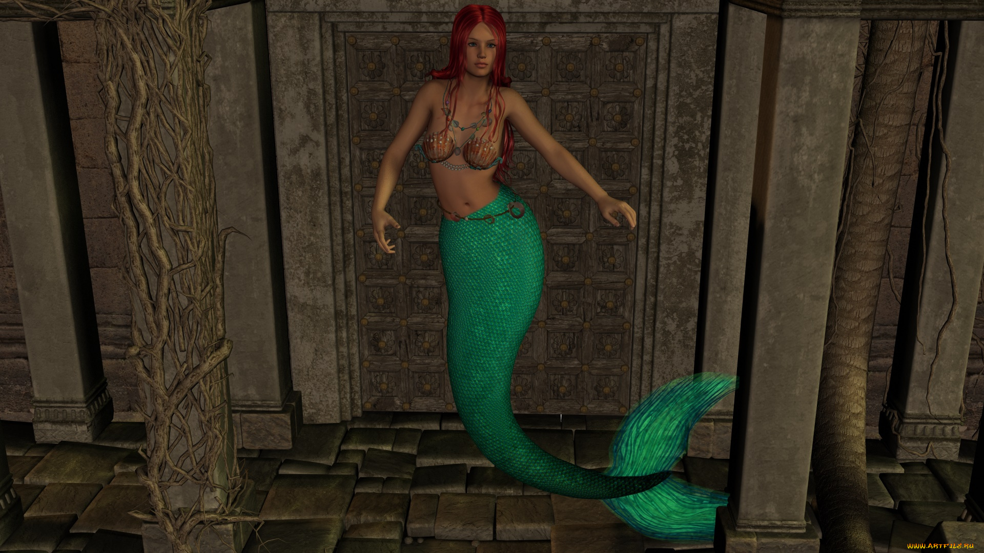 3д, графика, существа, , creatures, девушка, ундина, фон, взгляд