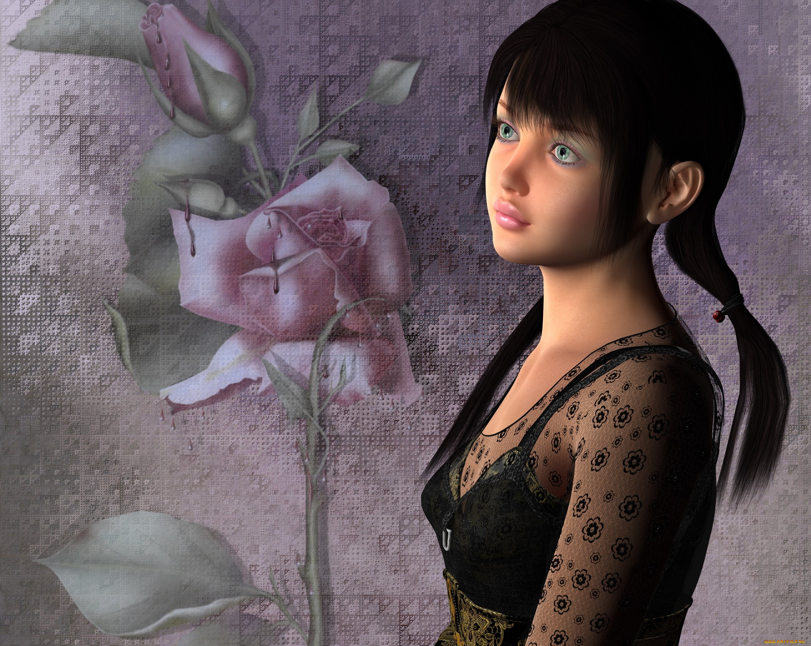 3д, графика, люди, , people, цветок, фон, девушка, взгляд