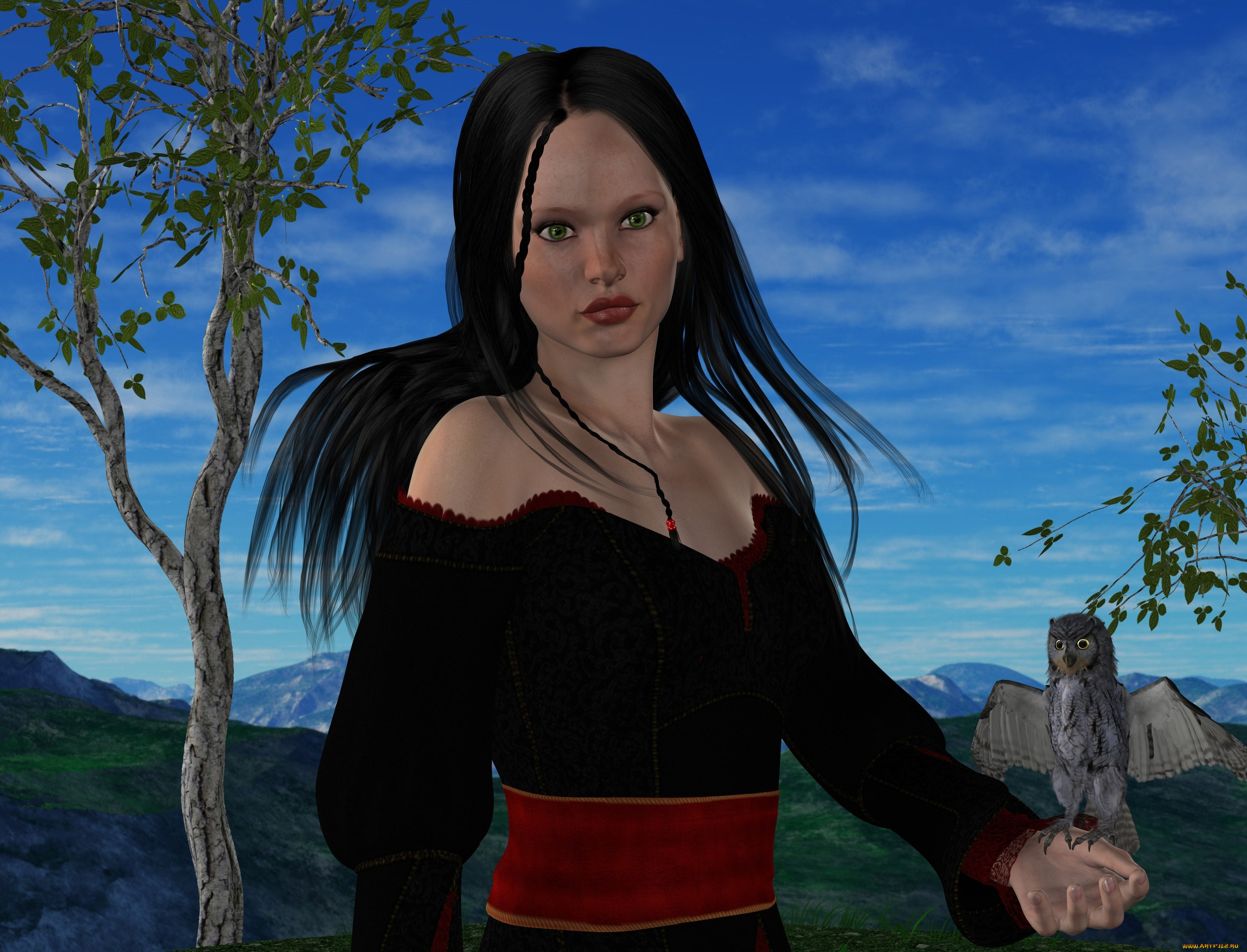 3д, графика, люди, , people, фон, взгляд, девушка, сова