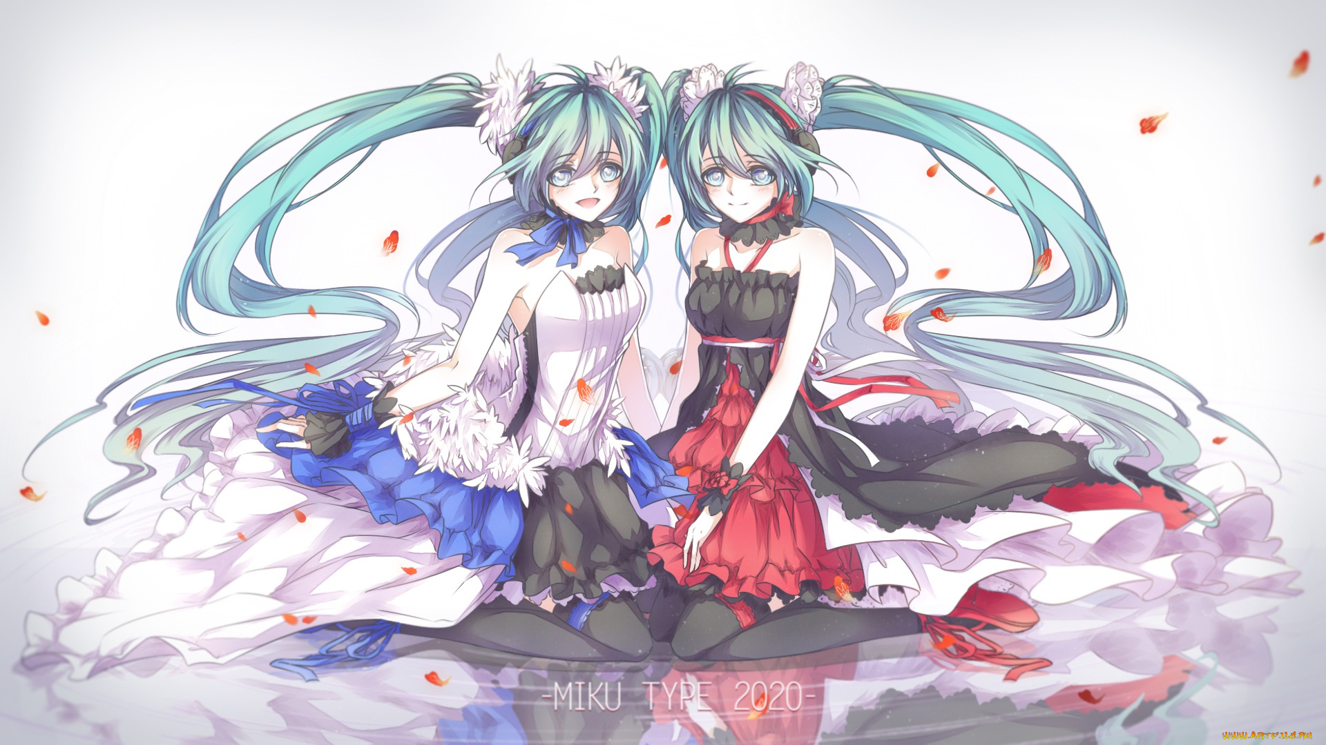 аниме, vocaloid, kitchan, девушки, лепестки, вода, арт, отражение, hatsune, miku, 7th, dragon, 2020