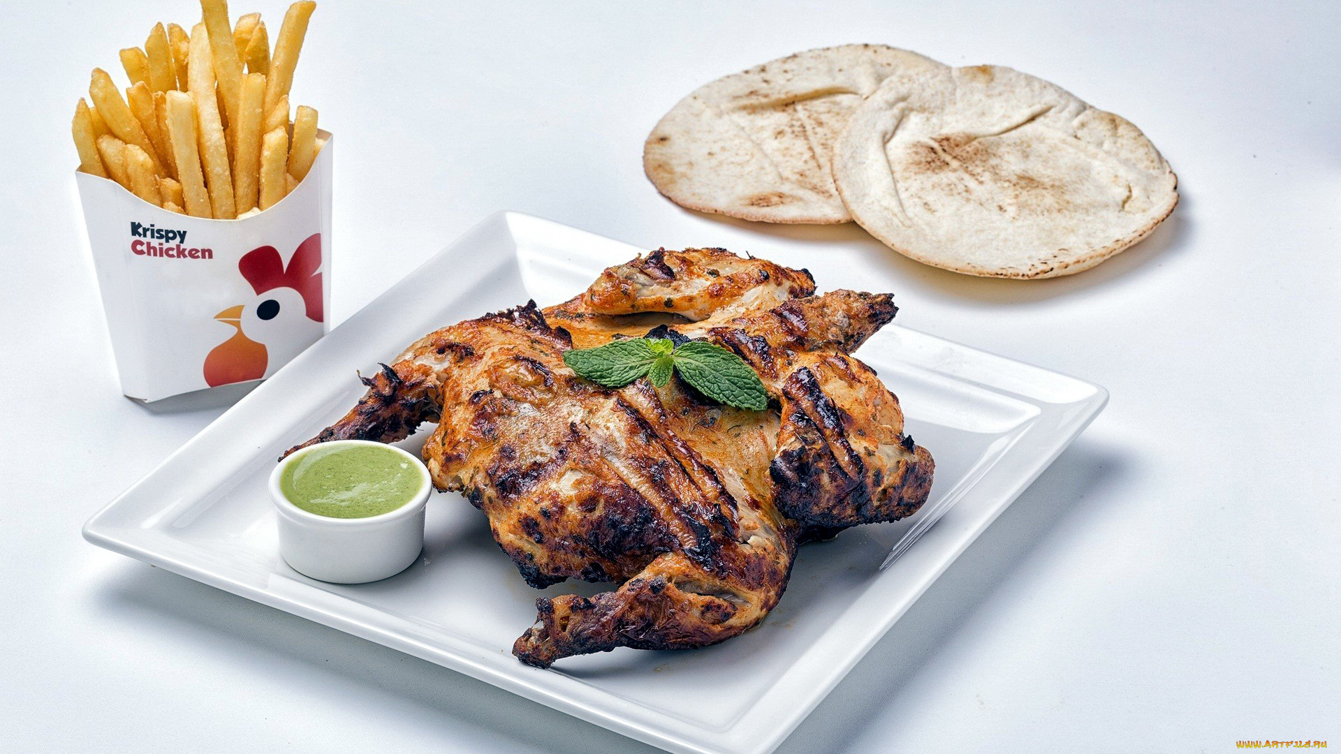 еда, мясные, блюда, мята, фри, соус, картофель, курица