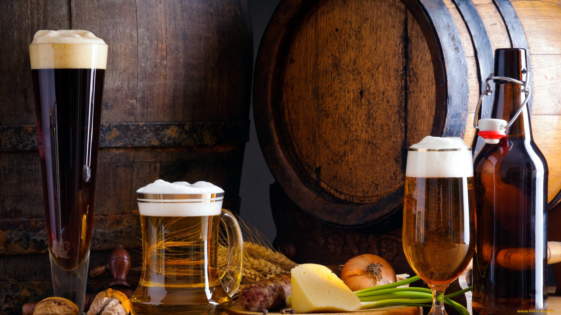 еда, напитки, , пиво, бокал, напиток, бутылки, орехи, сыр, бочонок