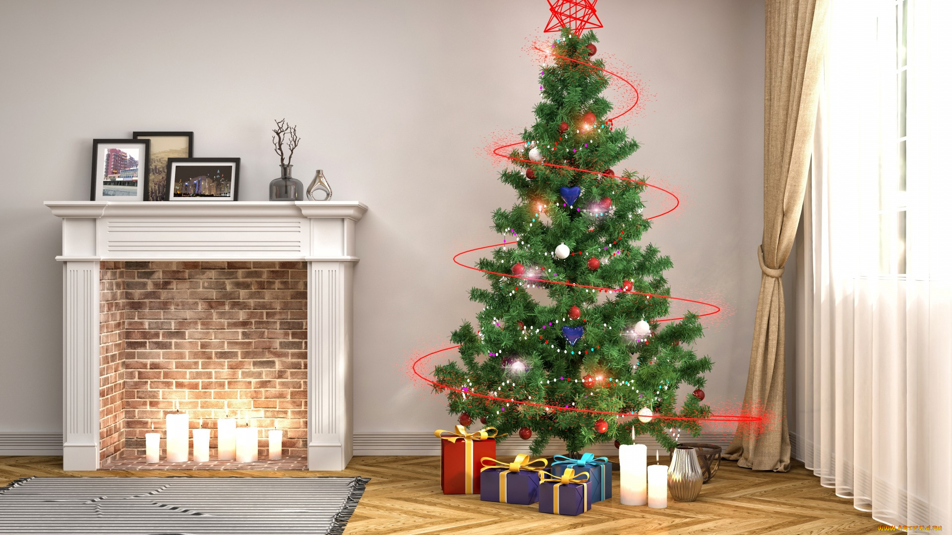 праздничные, 3д, графика, , новый, год, интерьер, камин, елка