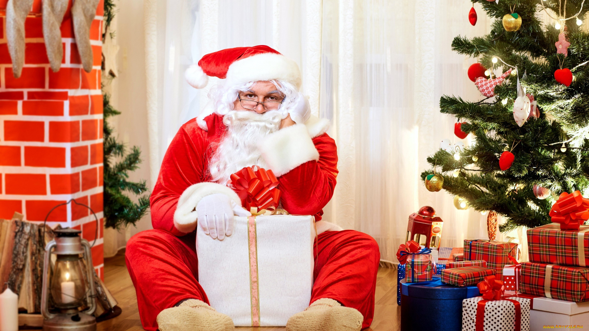 праздничные, дед, мороз, , санта, клаус, санта, фонарь, подарки, елка, коробки