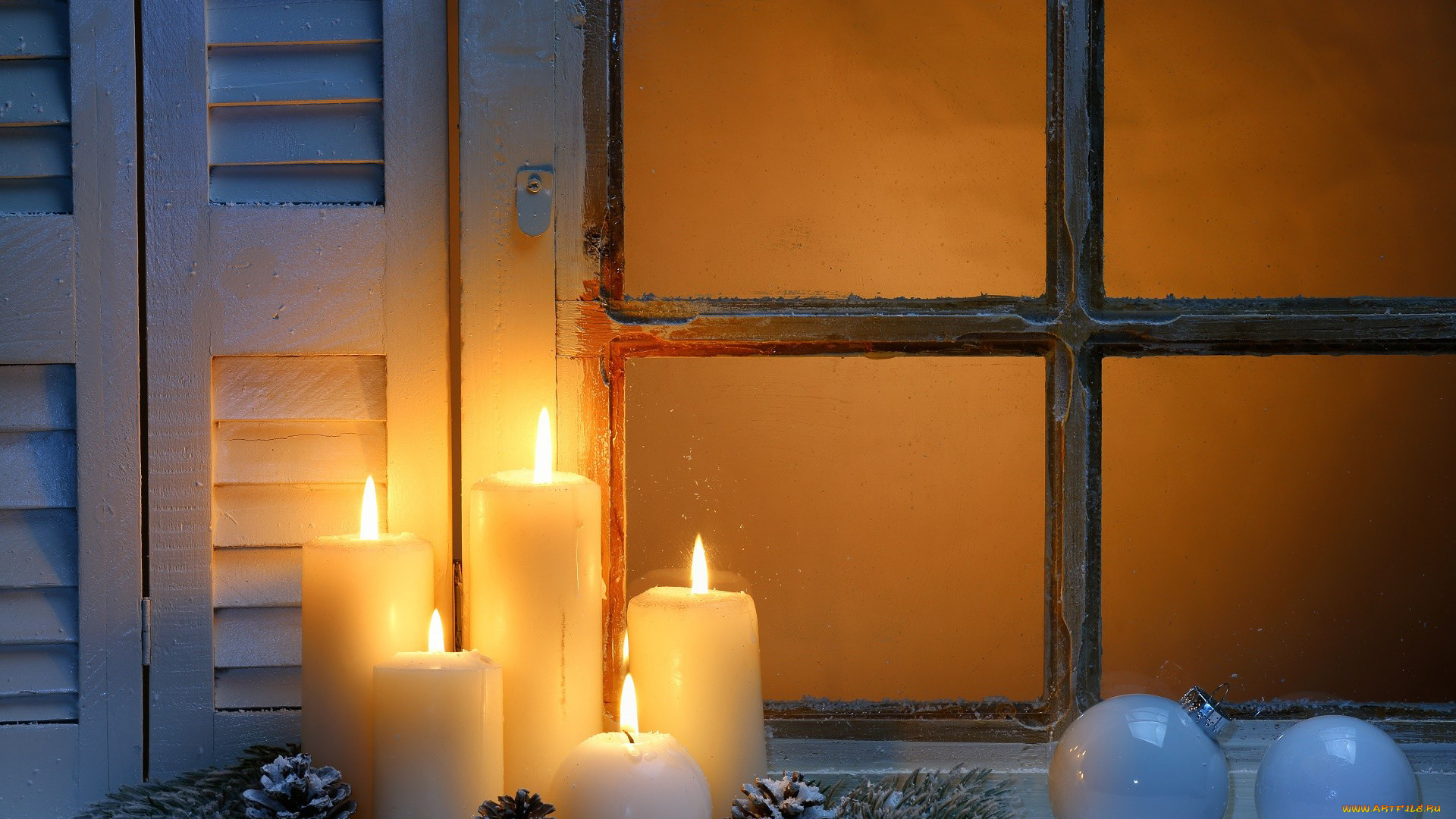 праздничные, новогодние, свечи, огоньки, шишки, свечи, окно, шарики