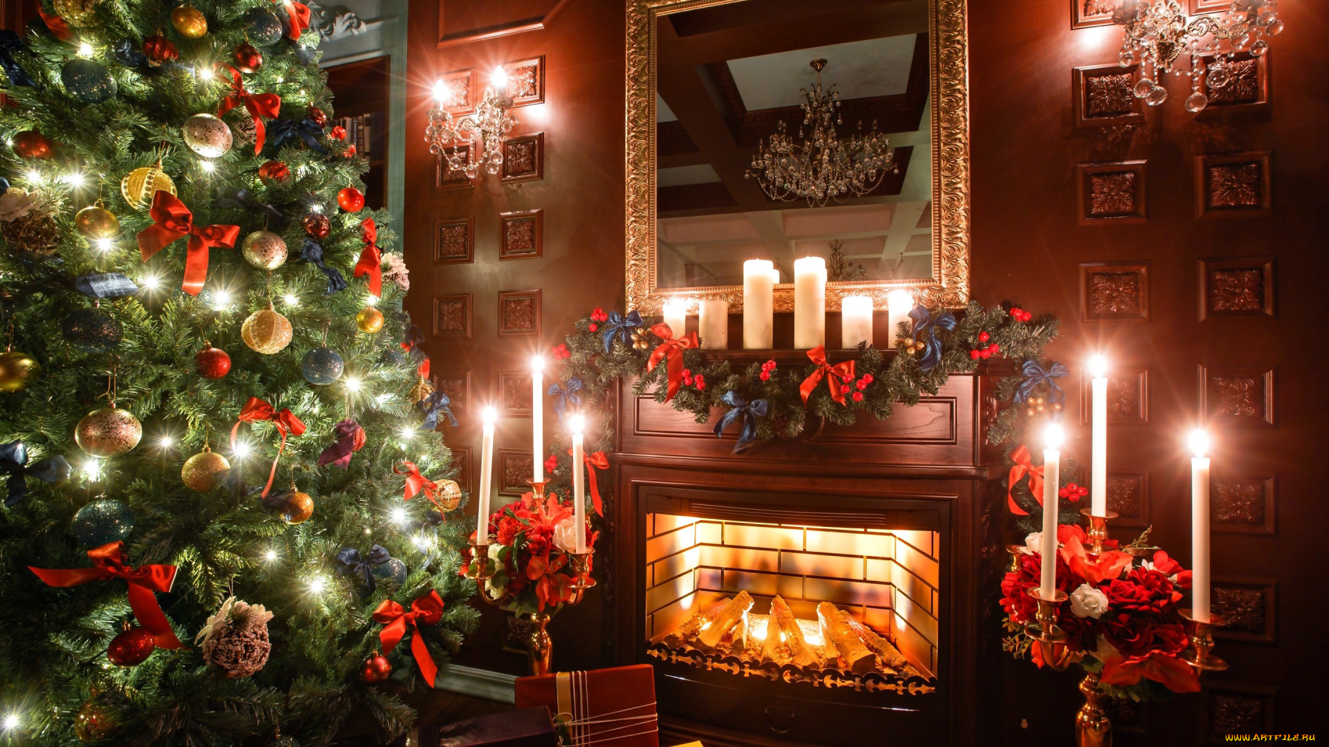 праздничные, новогодний, очаг, елка, зеркало, камин, свечи