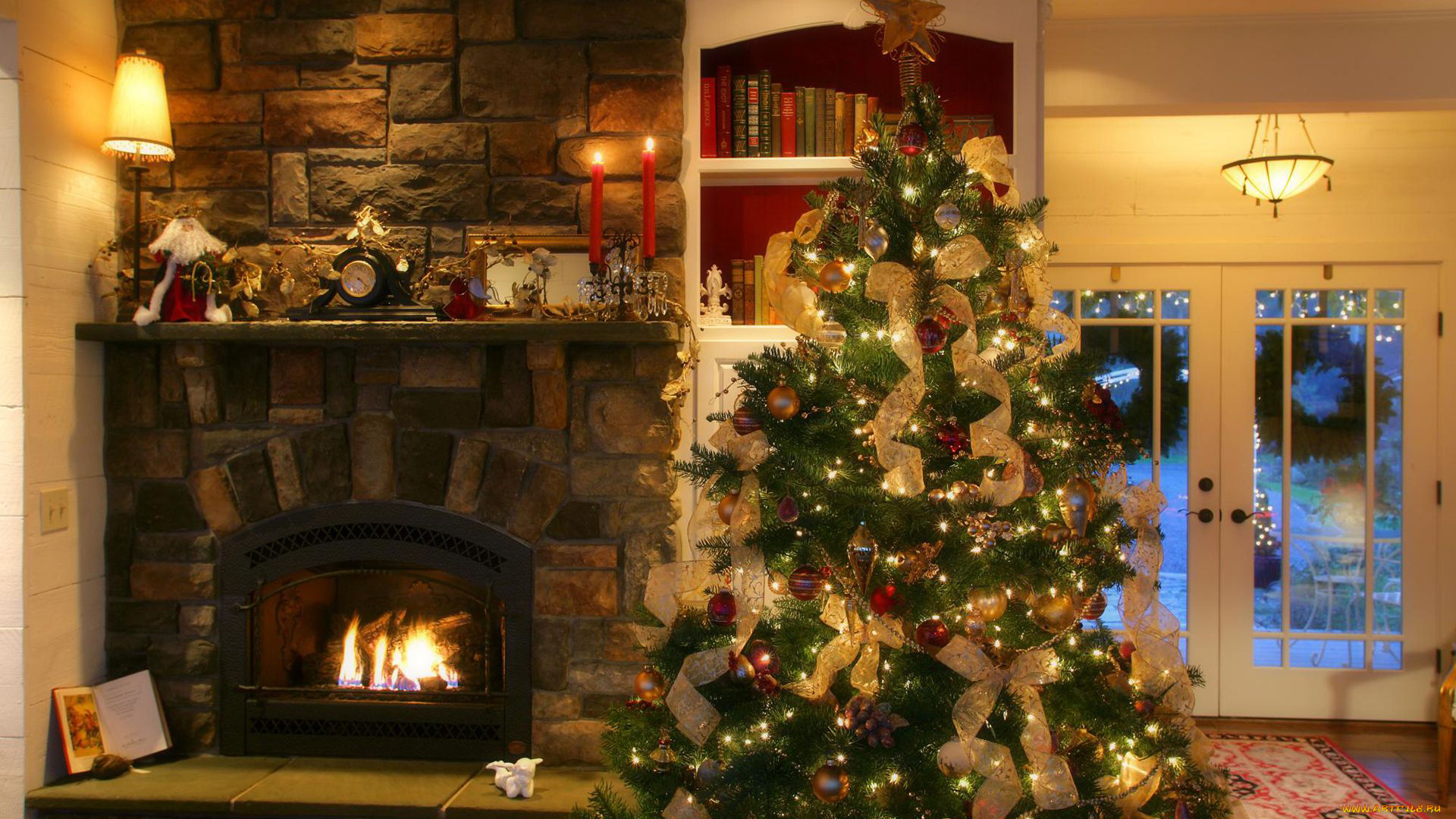 праздничные, новогодний, очаг, свечи, елка, камин