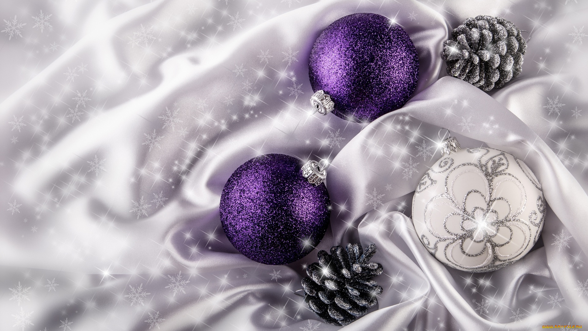 праздничные, шары, ткань, шарики, шишки, снежинки, блики