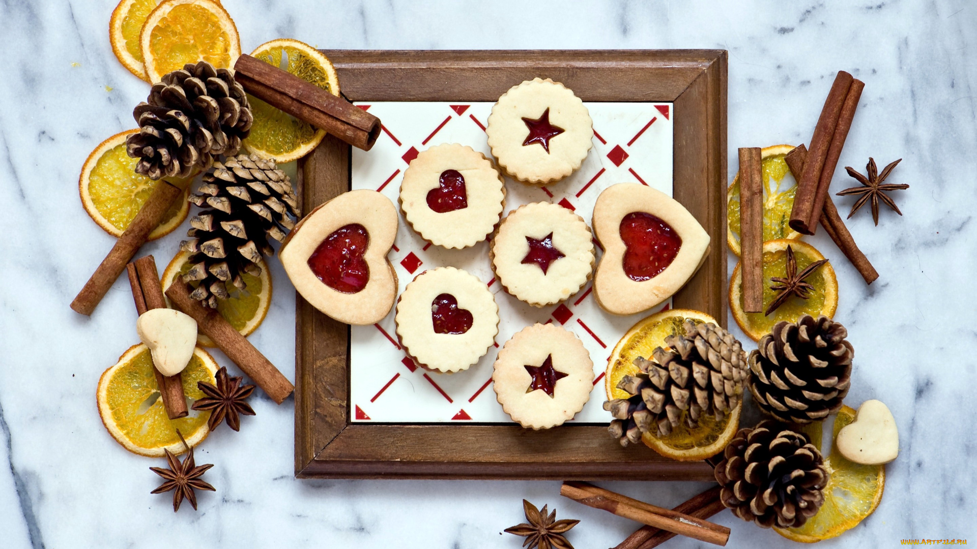 праздничные, угощения, корица, анис, апельсин, шишки, печенье