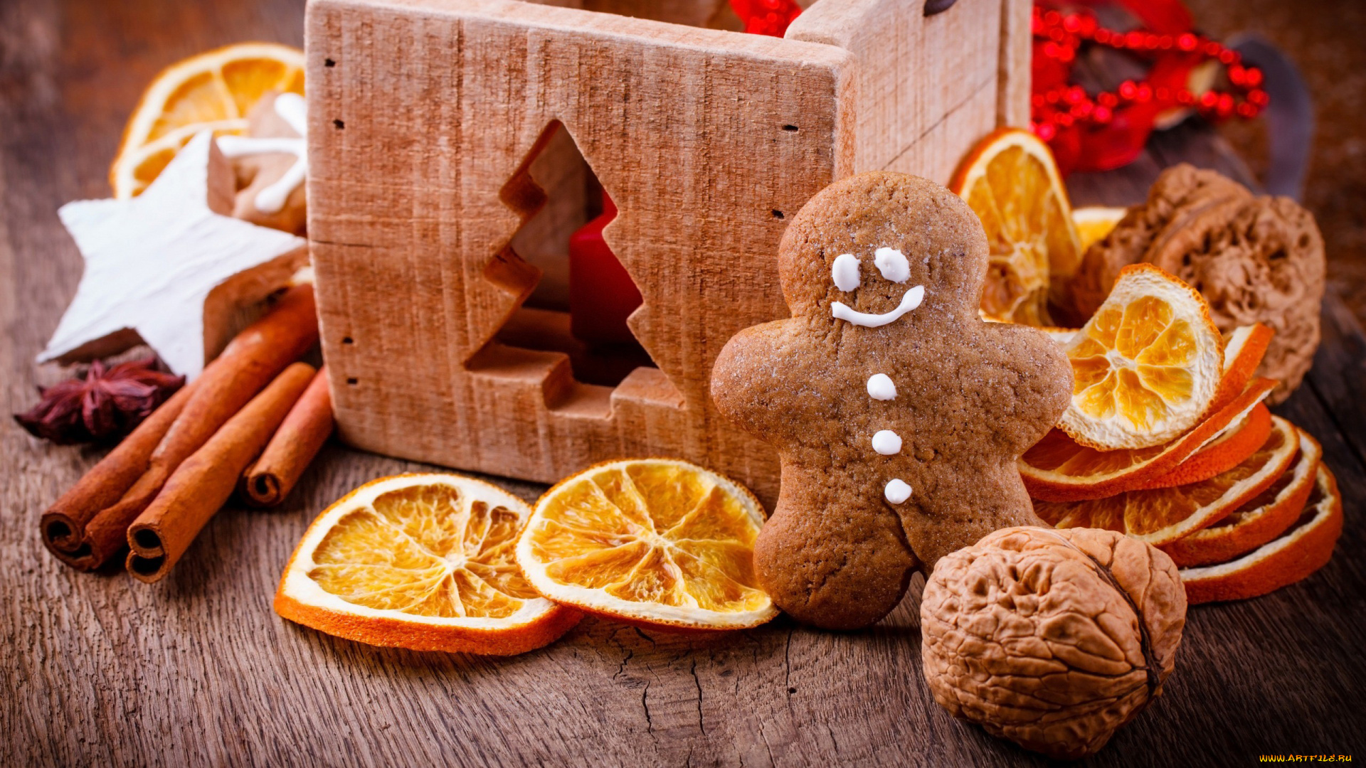 праздничные, угощения, орех, корица, апельсин, человечек, пряничный