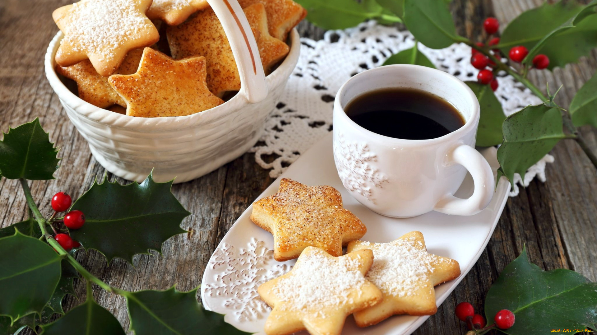праздничные, угощения, остролист, печенье, кофе