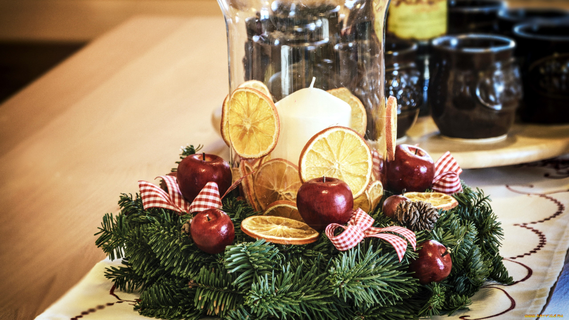 праздничные, украшения, апельсины, венок, рождественский, свеча, яблоки