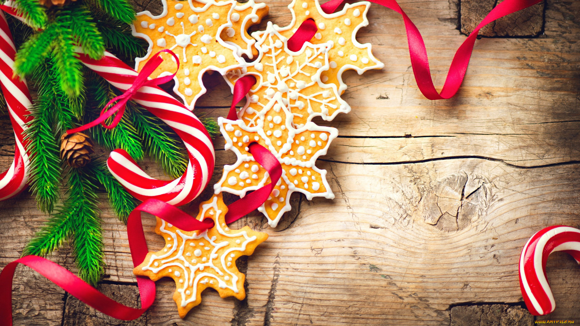 праздничные, украшения, лента, печенье, еловая, ветка