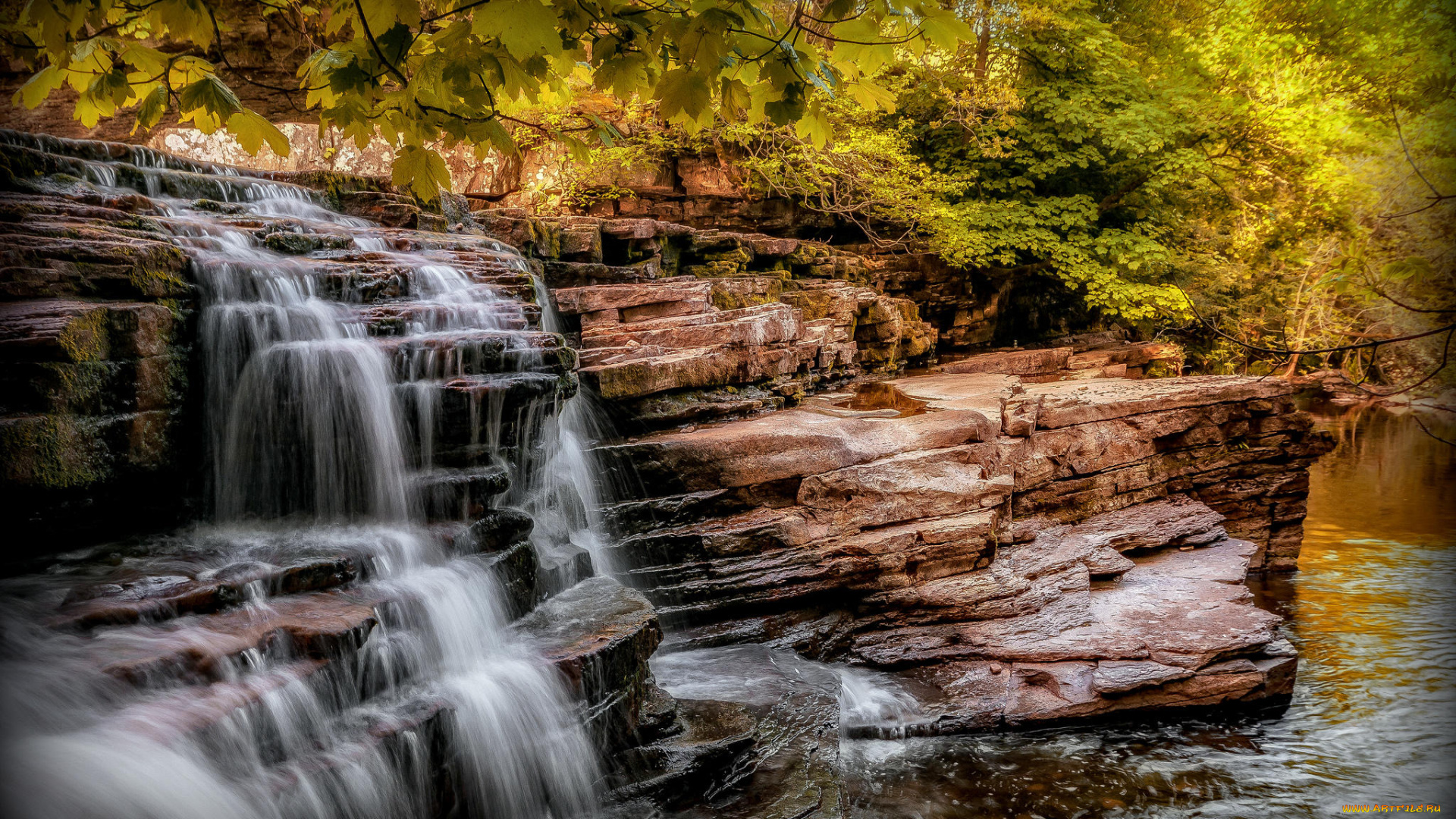 природа, водопады, йоркшир, деревья, скалы, водопад