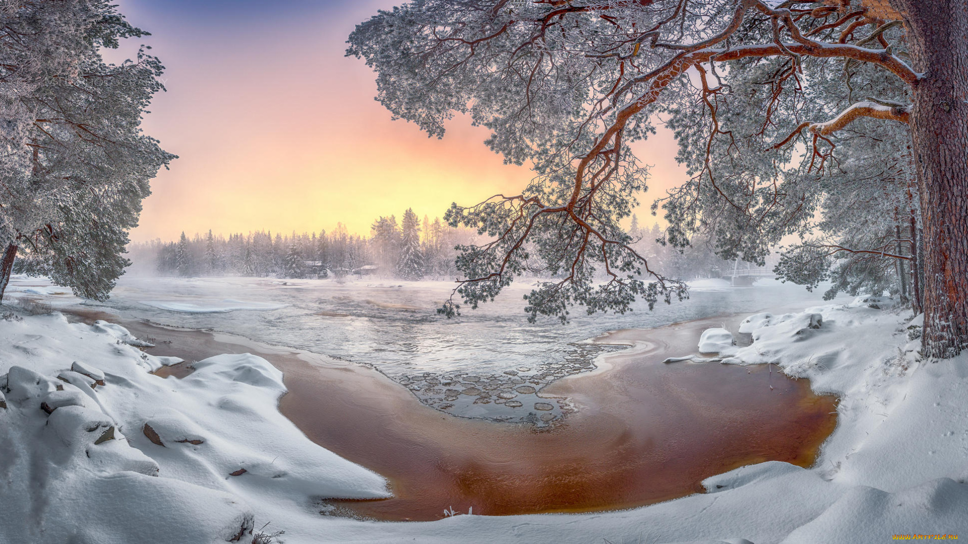 природа, зима, закат, пейзаж, деревья, река