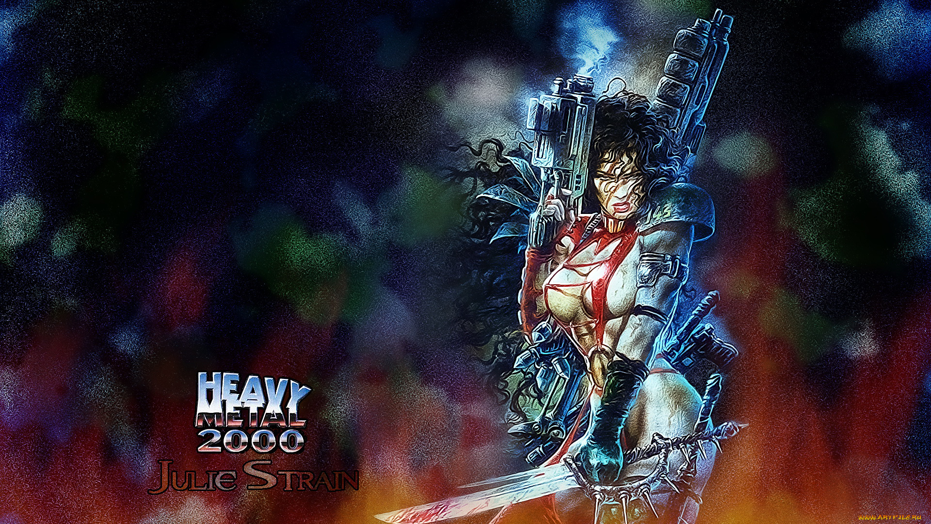 рисованное, кино, девушка, фон, взгляд, униформа, оружие