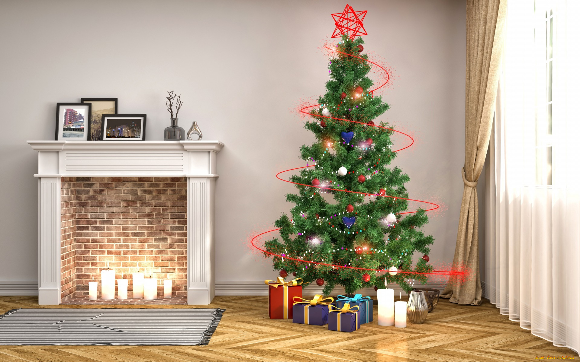 праздничные, 3д, графика, , новый, год, интерьер, камин, елка