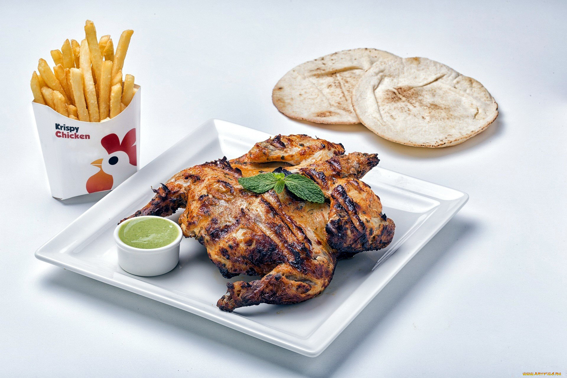 еда, мясные, блюда, мята, фри, соус, картофель, курица