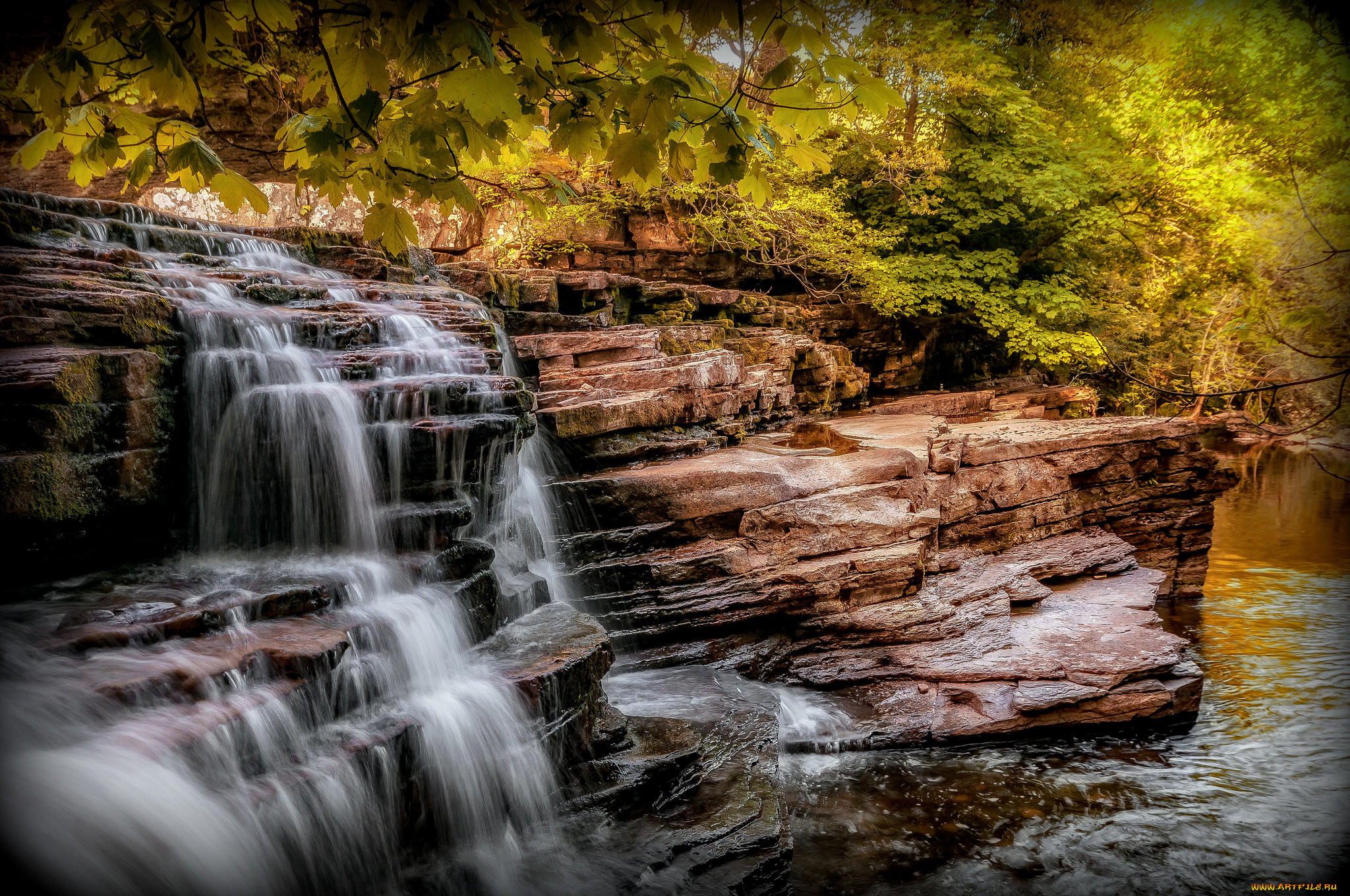 природа, водопады, йоркшир, деревья, скалы, водопад