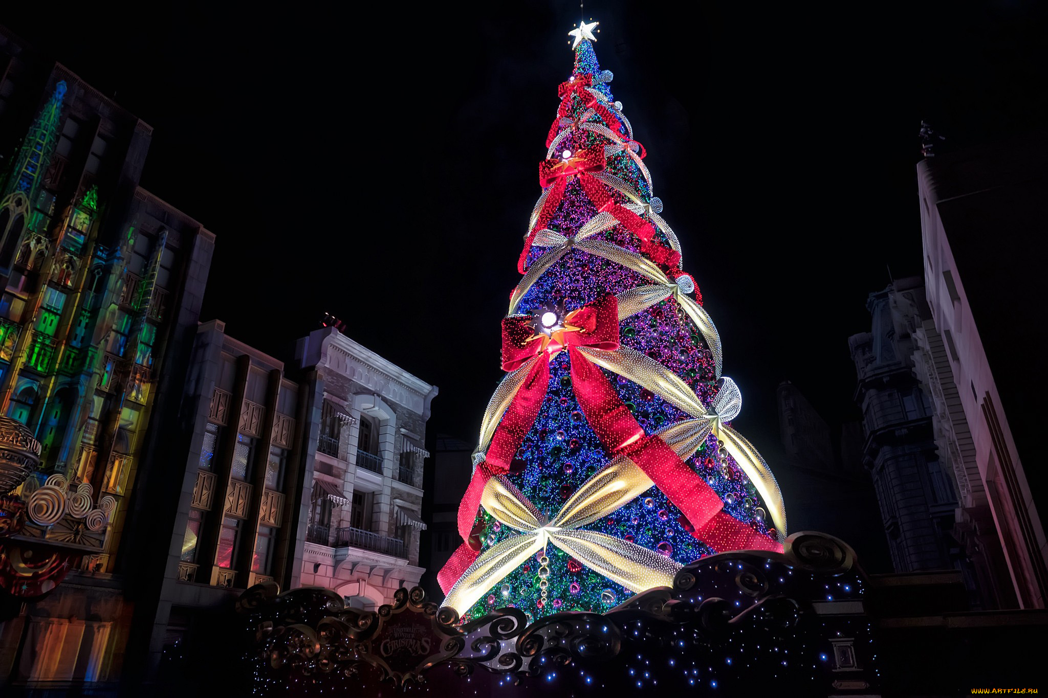 праздничные, Ёлки, елка, иллюминация, украшения, банты