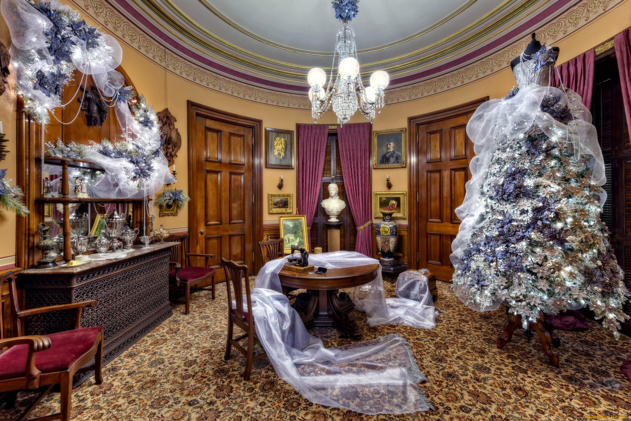 праздничные, Ёлки, покрывало, шелковое, оригинальное, люстра, дерево, комната