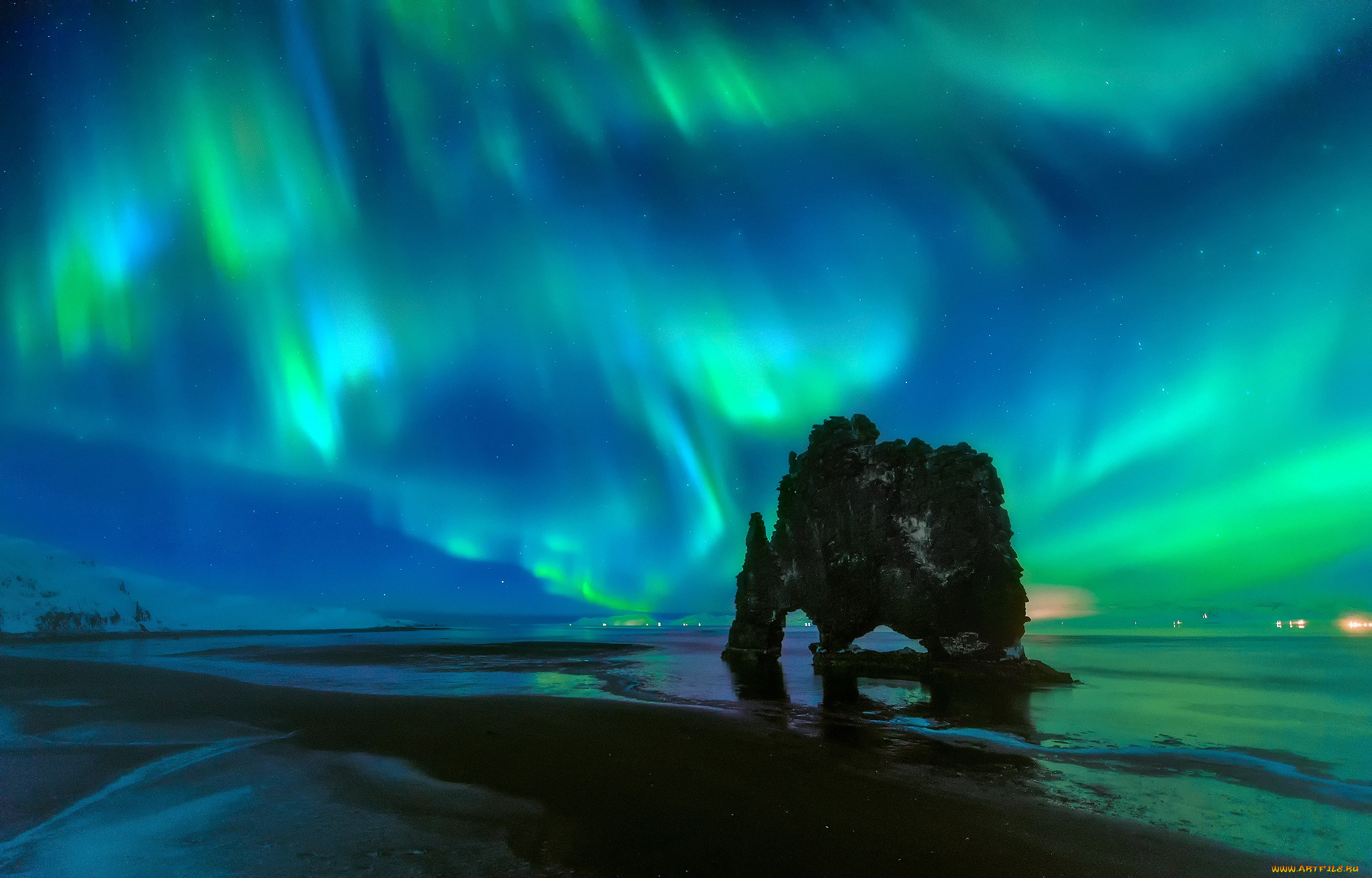 природа, северное, сияние, северное, сияние, арка, ночь, скала, небо, звезды, пляж