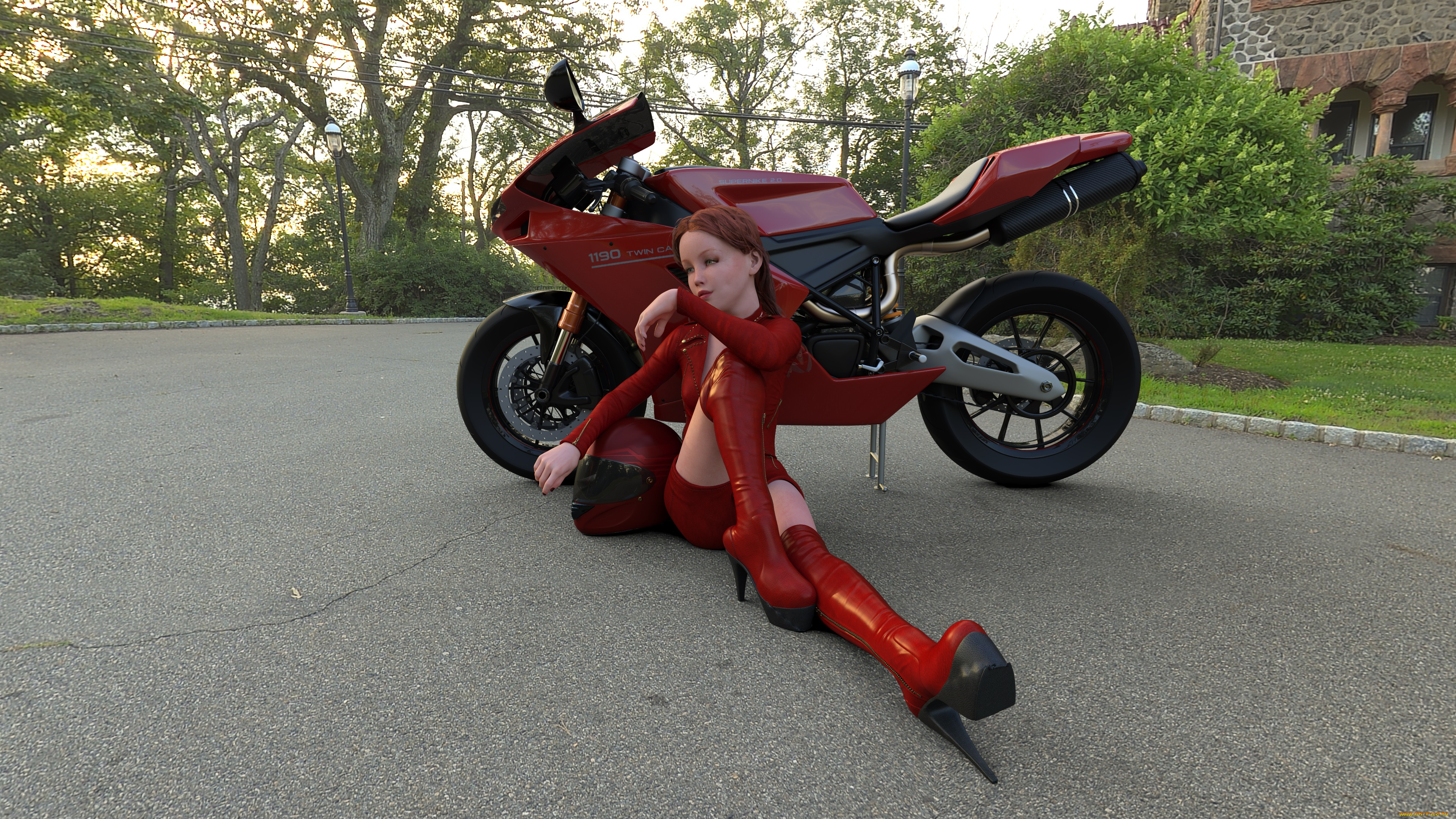 3д, графика, люди-авто, мото, , people-, car, , , moto, девушка, взгляд, фон, мотоцикл