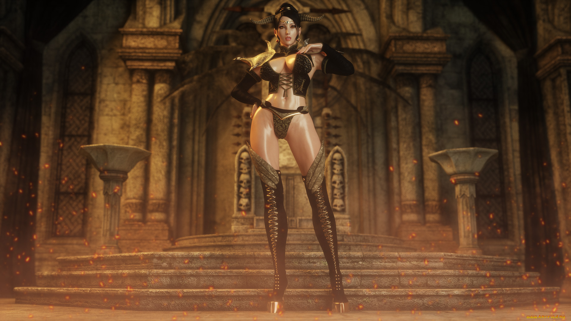 3д, графика, существа, , creatures, девушка, фон, взгляд, рога, униформа