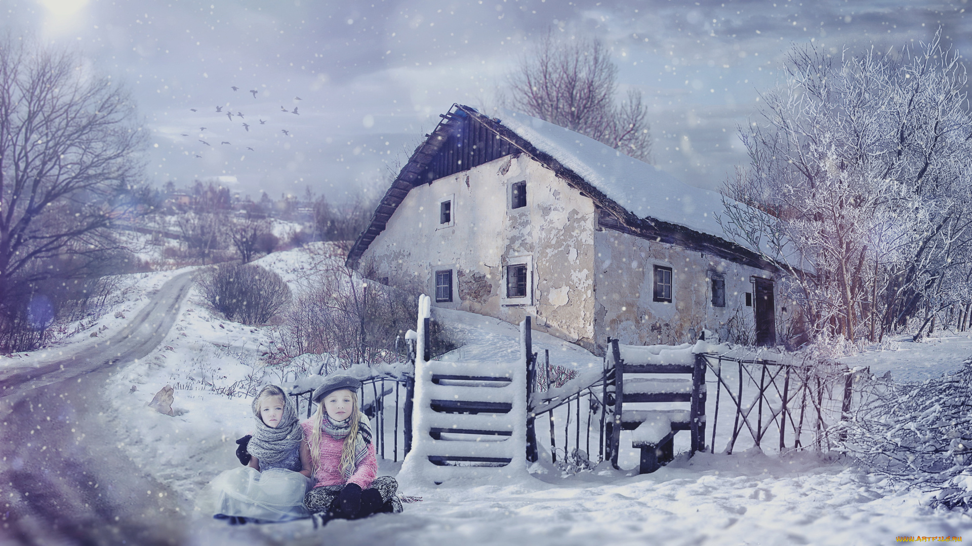 разное, компьютерный, дизайн, дети, фон, снег, дом