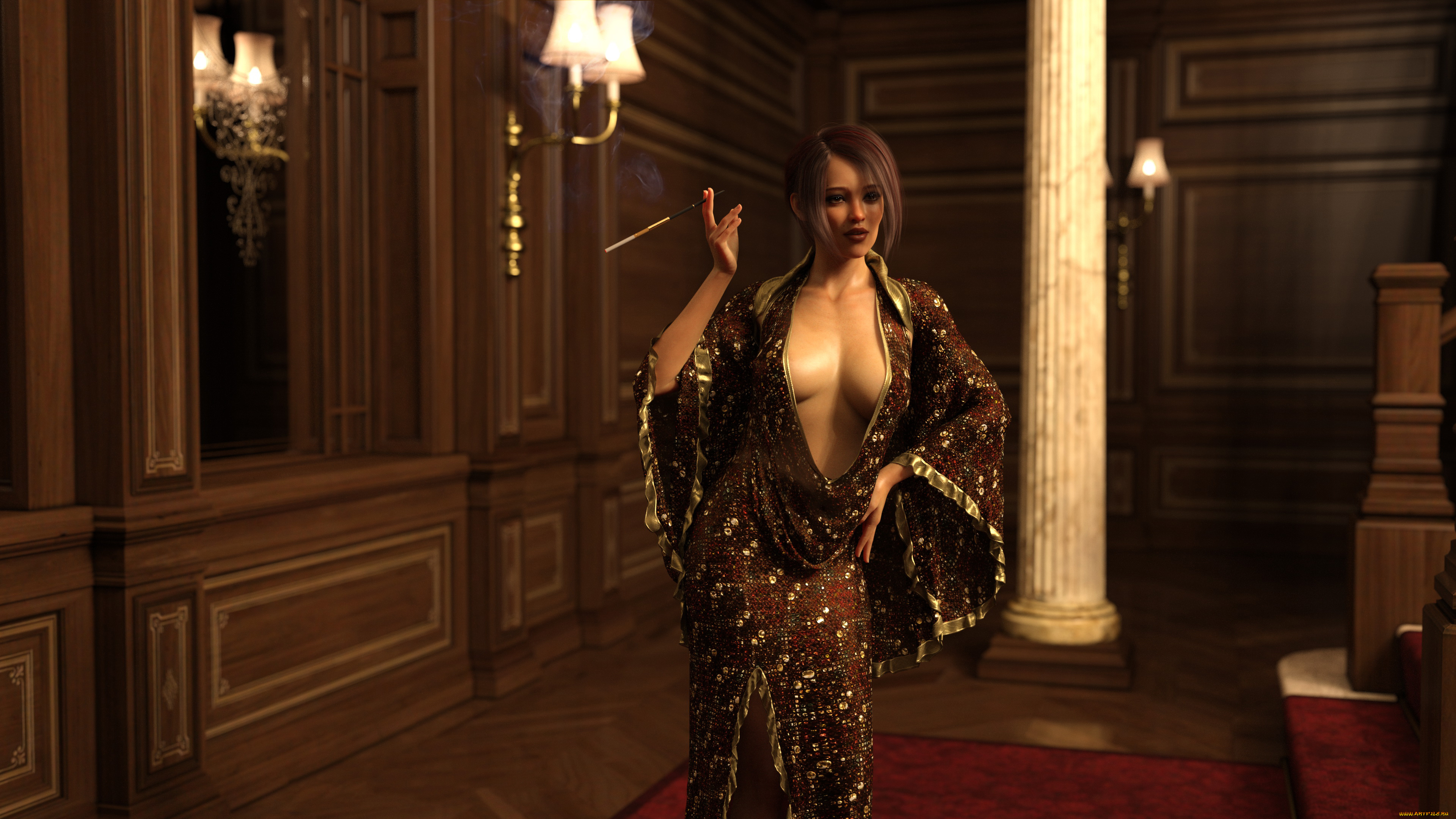 3д, графика, люди, , people, девушка, фон, платье, мундштук, сигарета