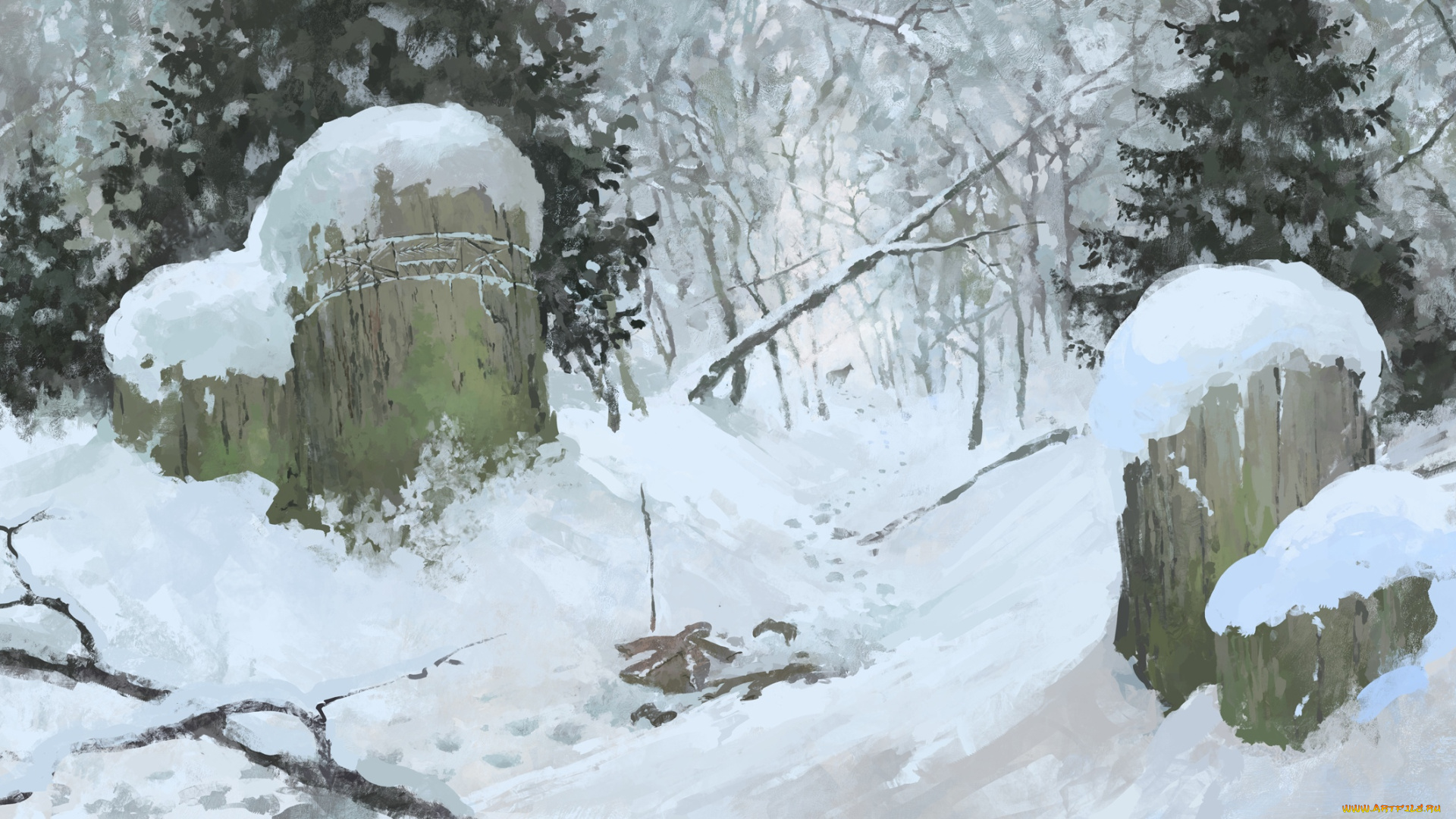 рисованное, природа, зима, снег, лес, столбы, руны