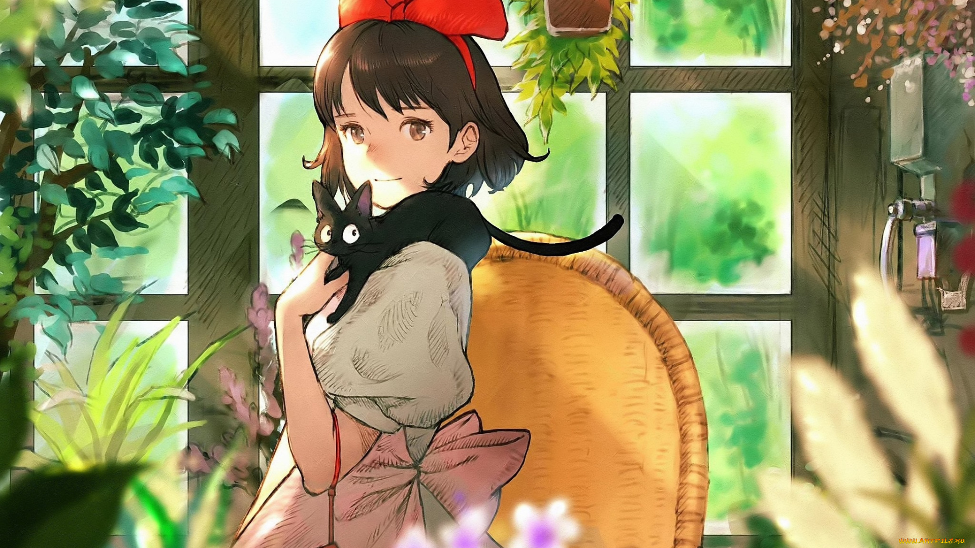 аниме, kiki`s, delivery, service, девушка, кошка, окно, цветы