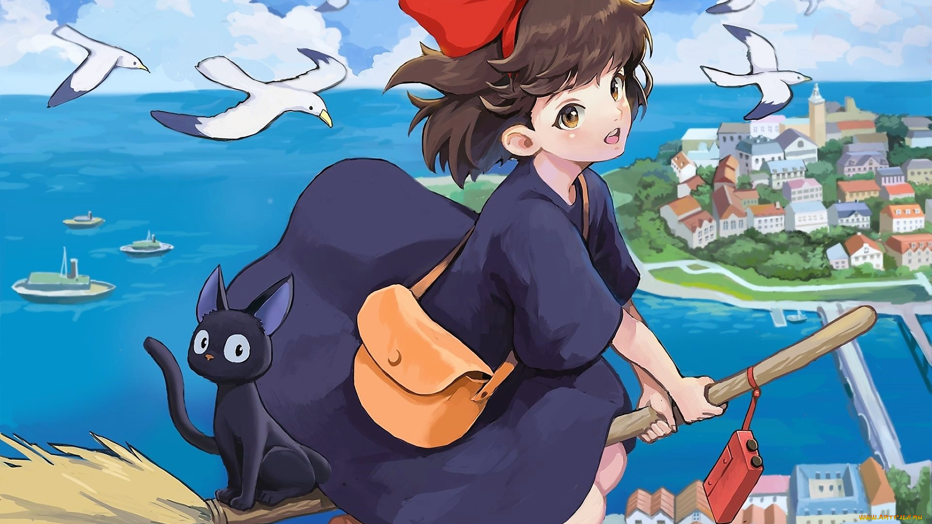 аниме, kiki`s, delivery, service, ведьма, метла, кошка, полет, город