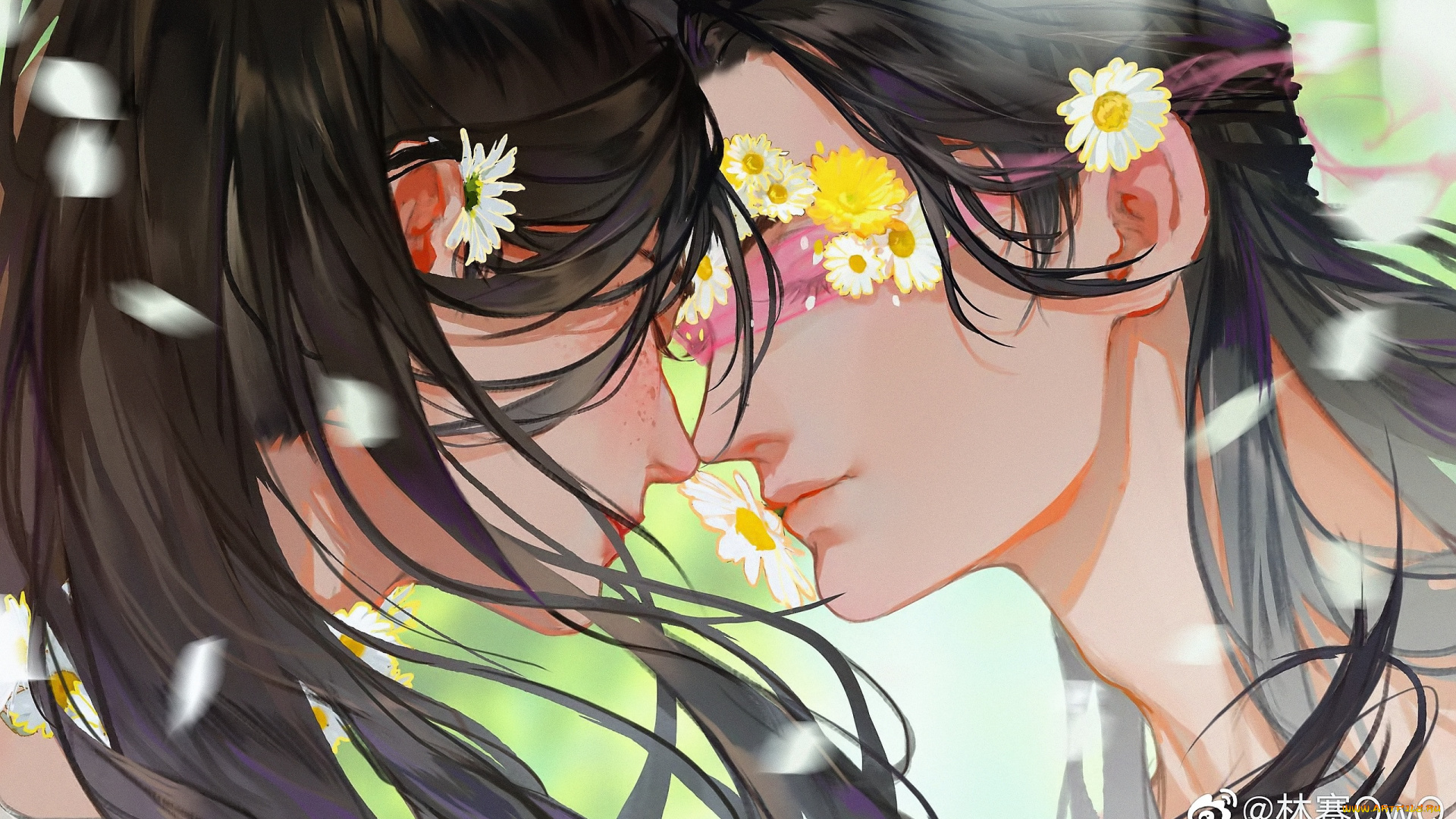 аниме, unknown, , другое, , пара, лица, цветы, поцелуй