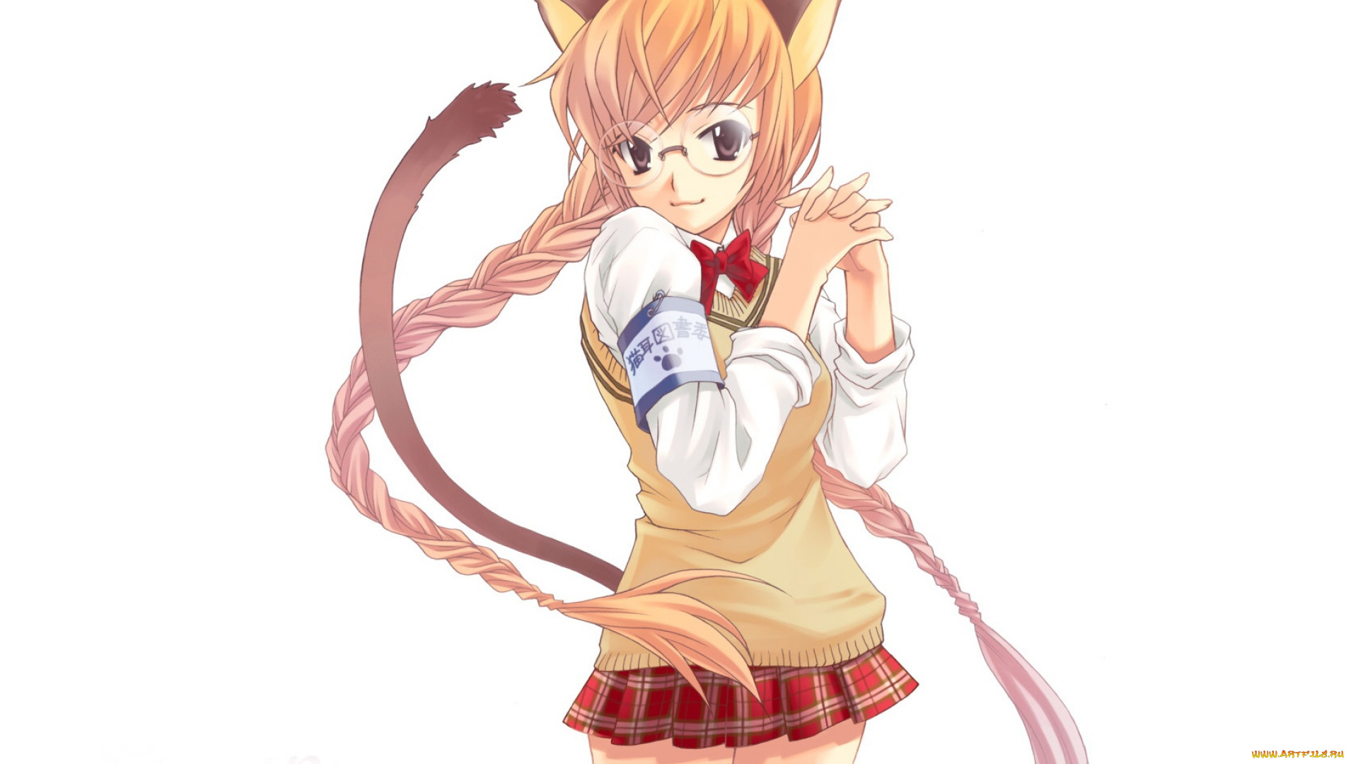 аниме, животные, , существа, девушка, нэко, очки, хвост, ушки