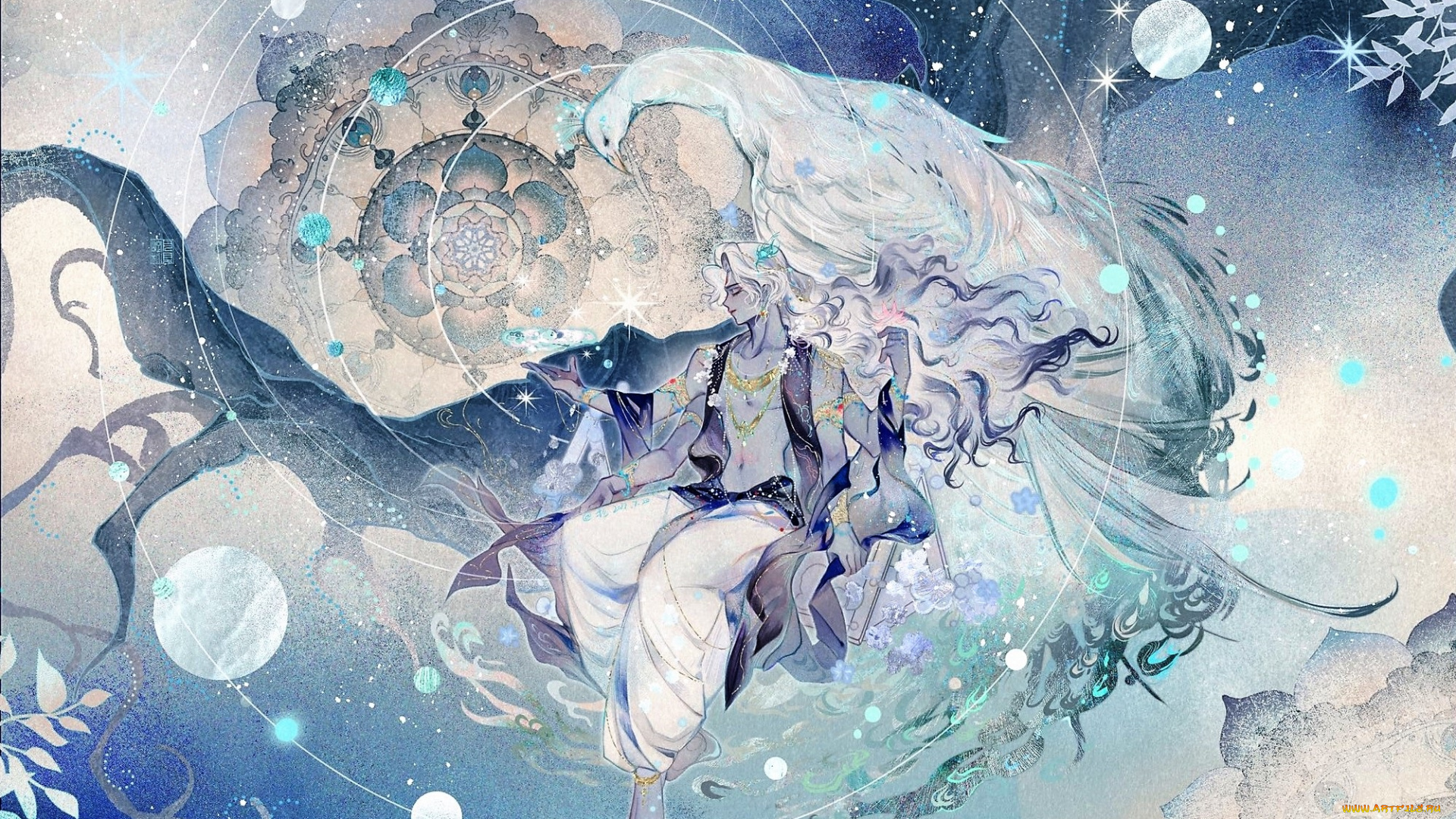 аниме, животные, , существа, парень, птица, ветки