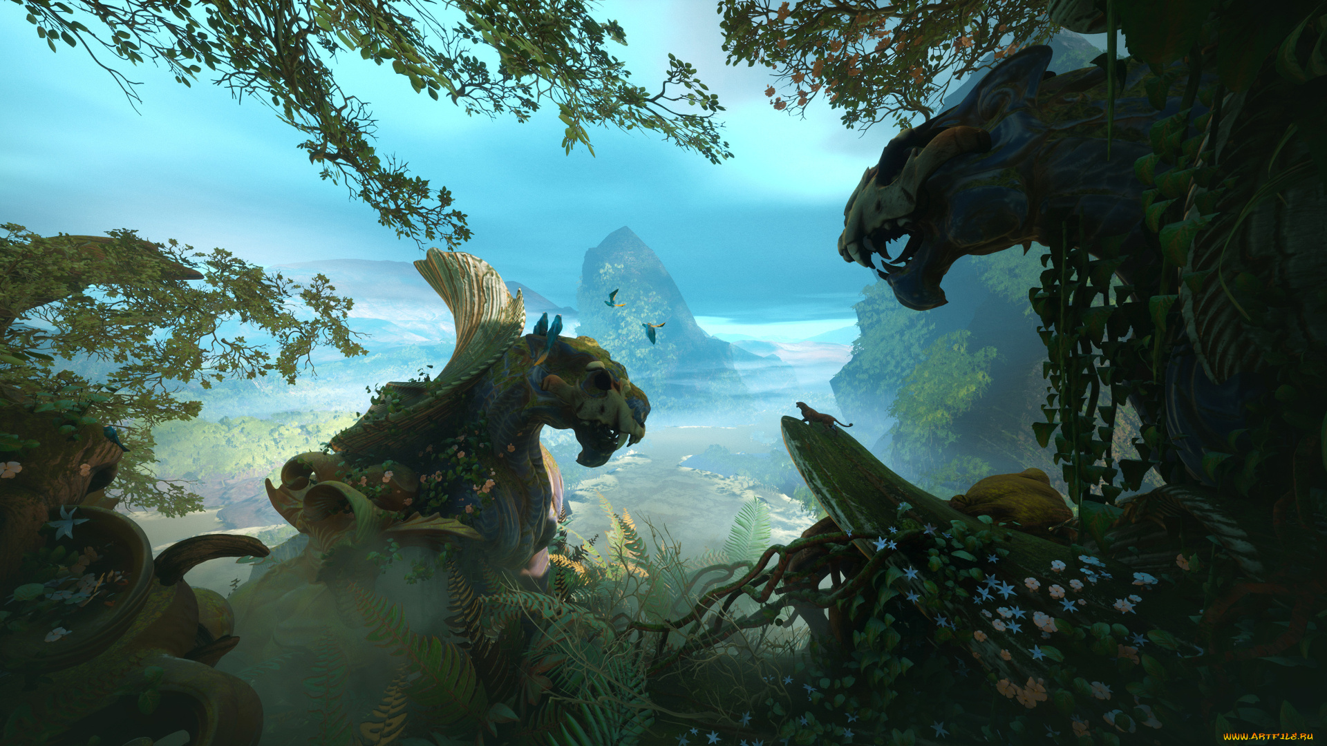 фэнтези, иные, миры, , иные, времена, джунгли, скалы, пантера, статуи