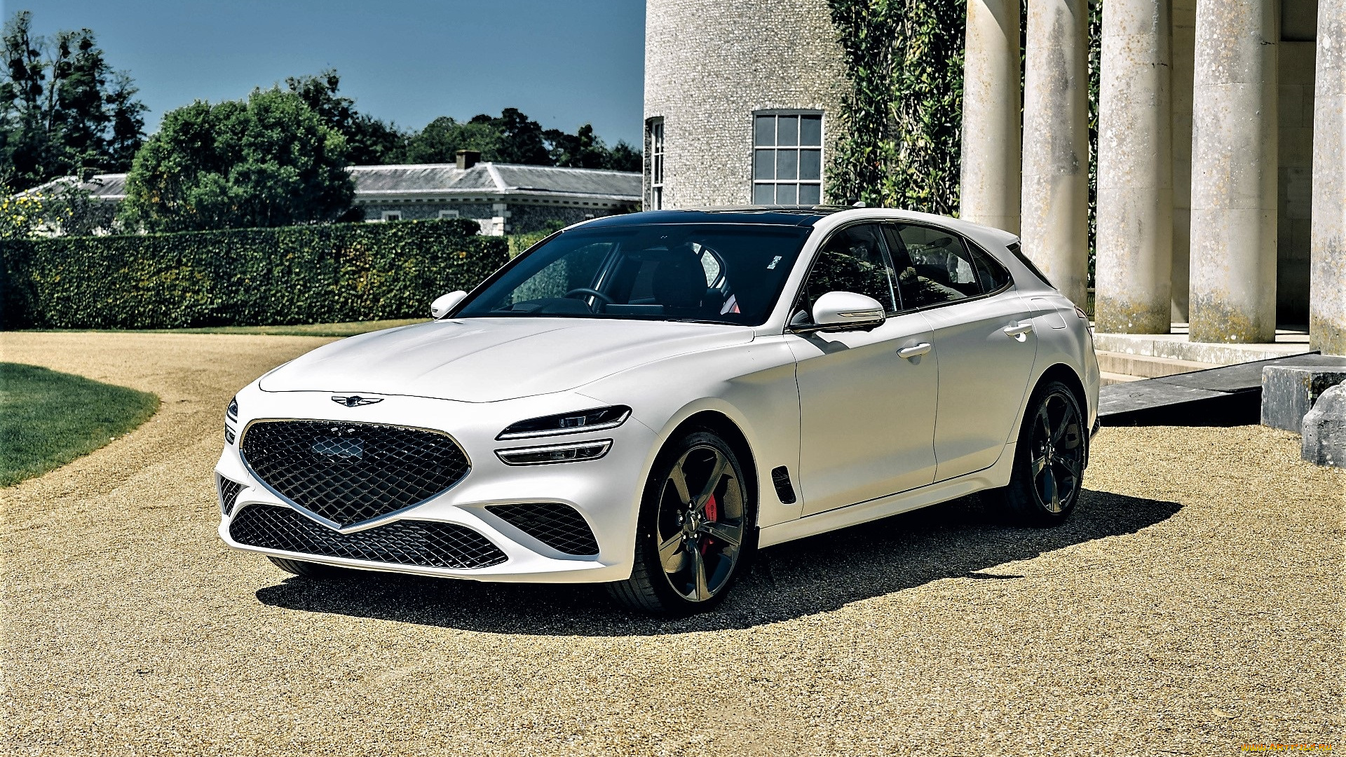 genesis, g70, 2, 0t, shooting, brake, автомобили, genesis, белый, колонны, двор, здания