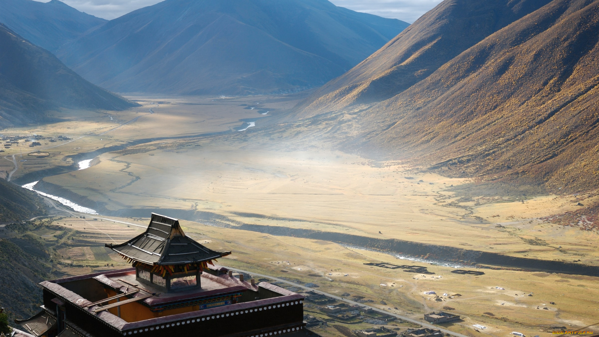 города, -, буддийские, и, другие, храмы, природа, пейзаж, тибет, горы, азия, монастырь, долина, азиатская, архитектура, крыши, река