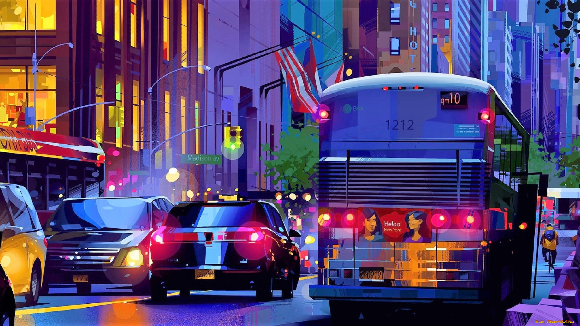 рисованное, города, город, улица, транспорт, машины