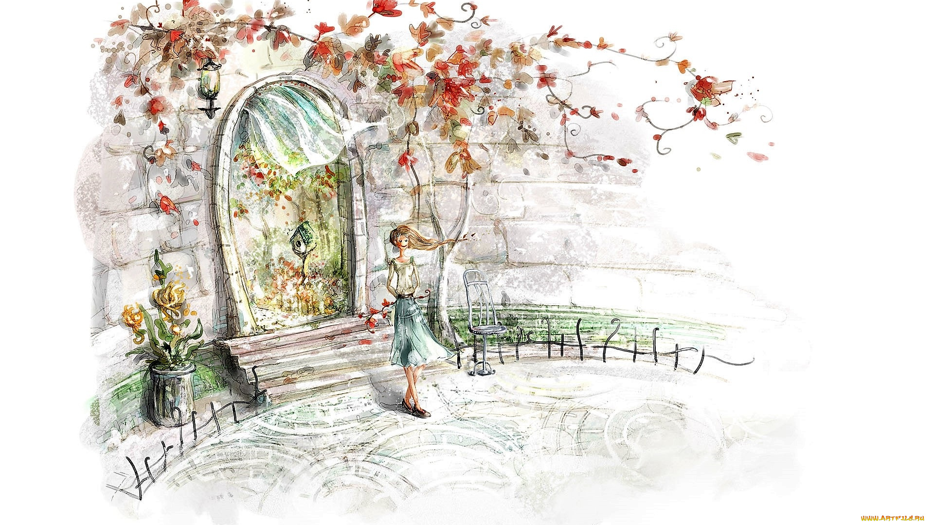 рисованное, люди, девушка, стена, арка, растения