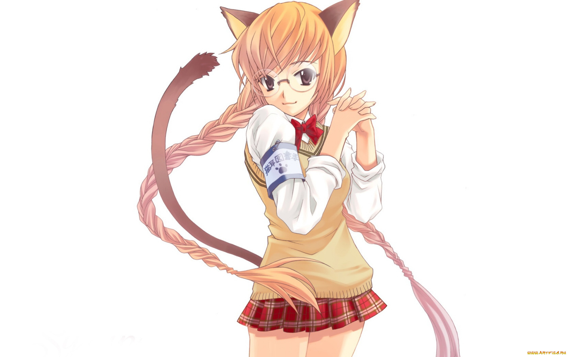 аниме, животные, , существа, девушка, нэко, очки, хвост, ушки