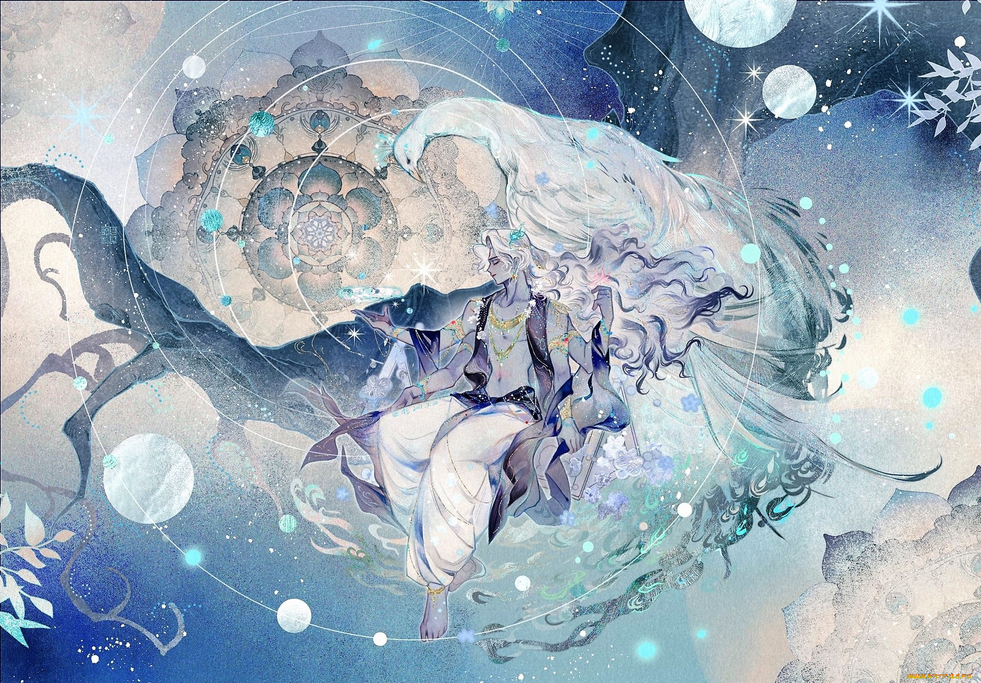 аниме, животные, , существа, парень, птица, ветки