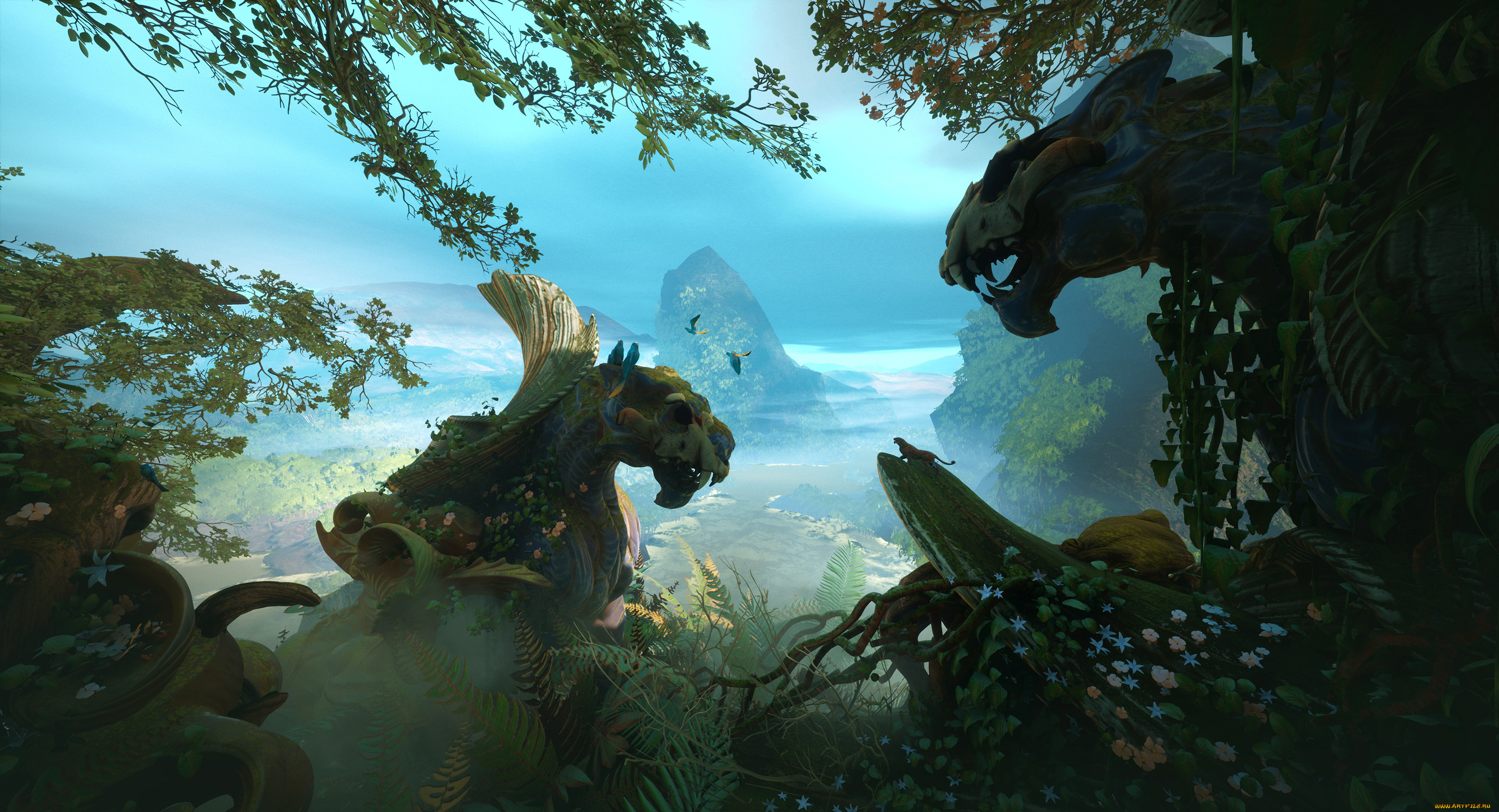 фэнтези, иные, миры, , иные, времена, джунгли, скалы, пантера, статуи