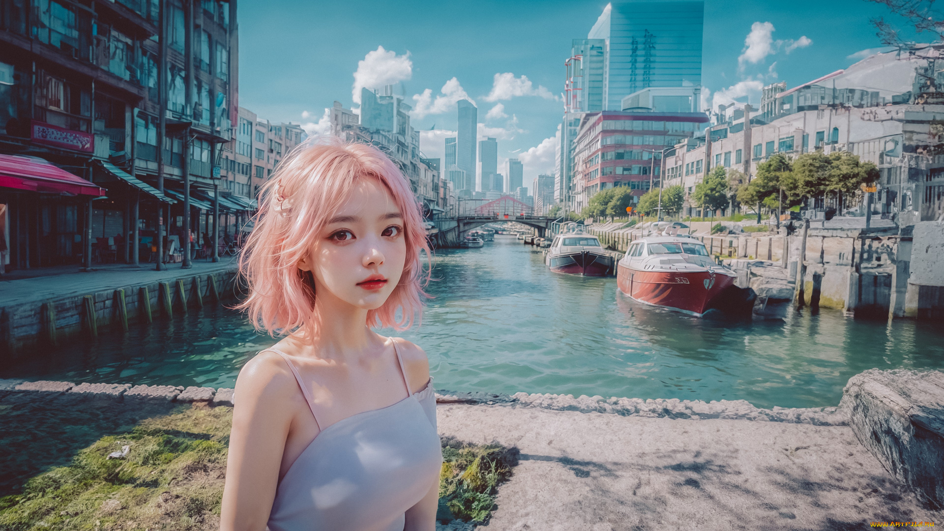 рисованное, люди, девушка, в, городе