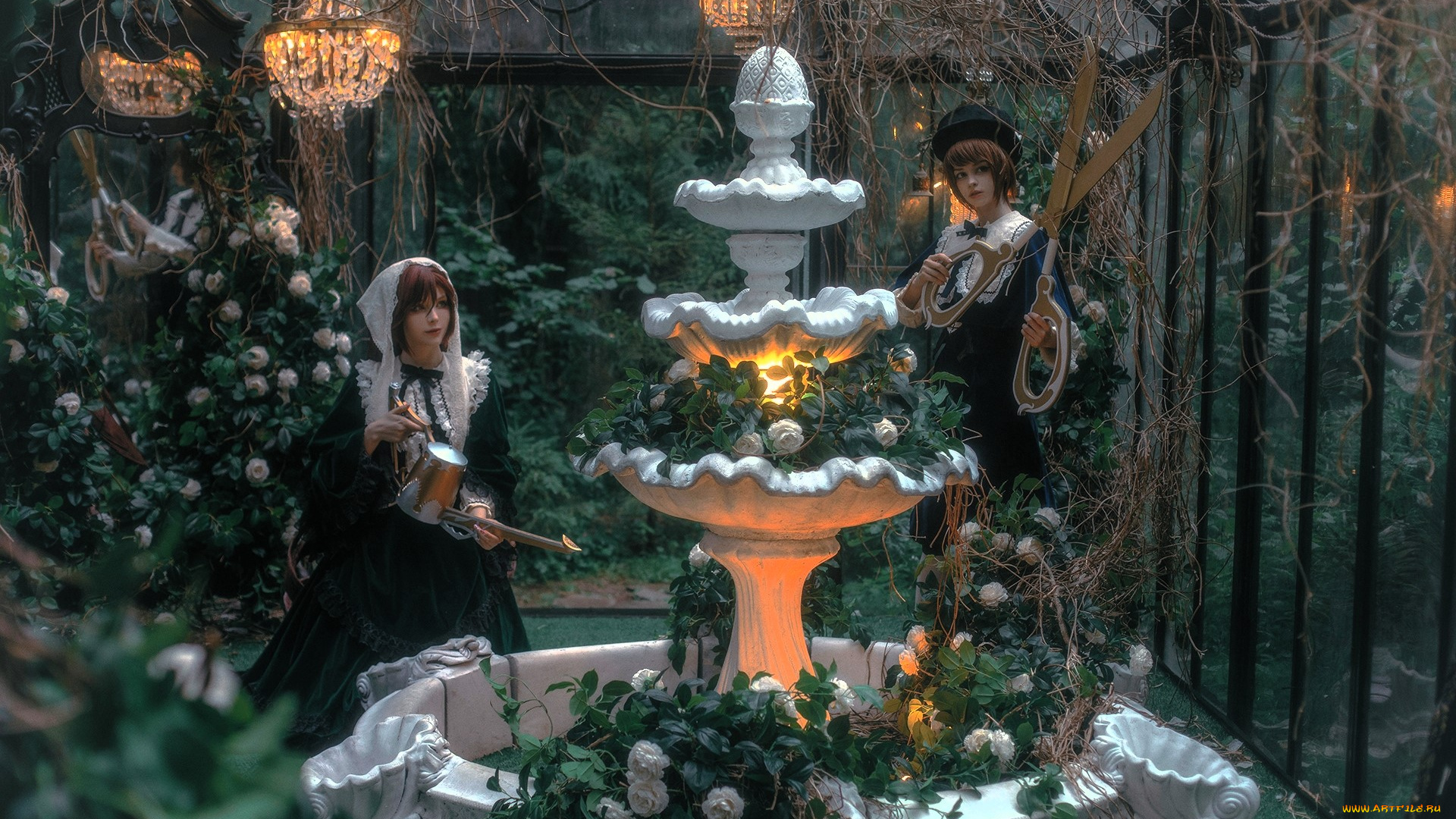 девушки, карина, салахутдинова, , tenletters, образы, косплей, наряды, костюмы, ножницы, лейки, сад, люстры, цветы, фонтан